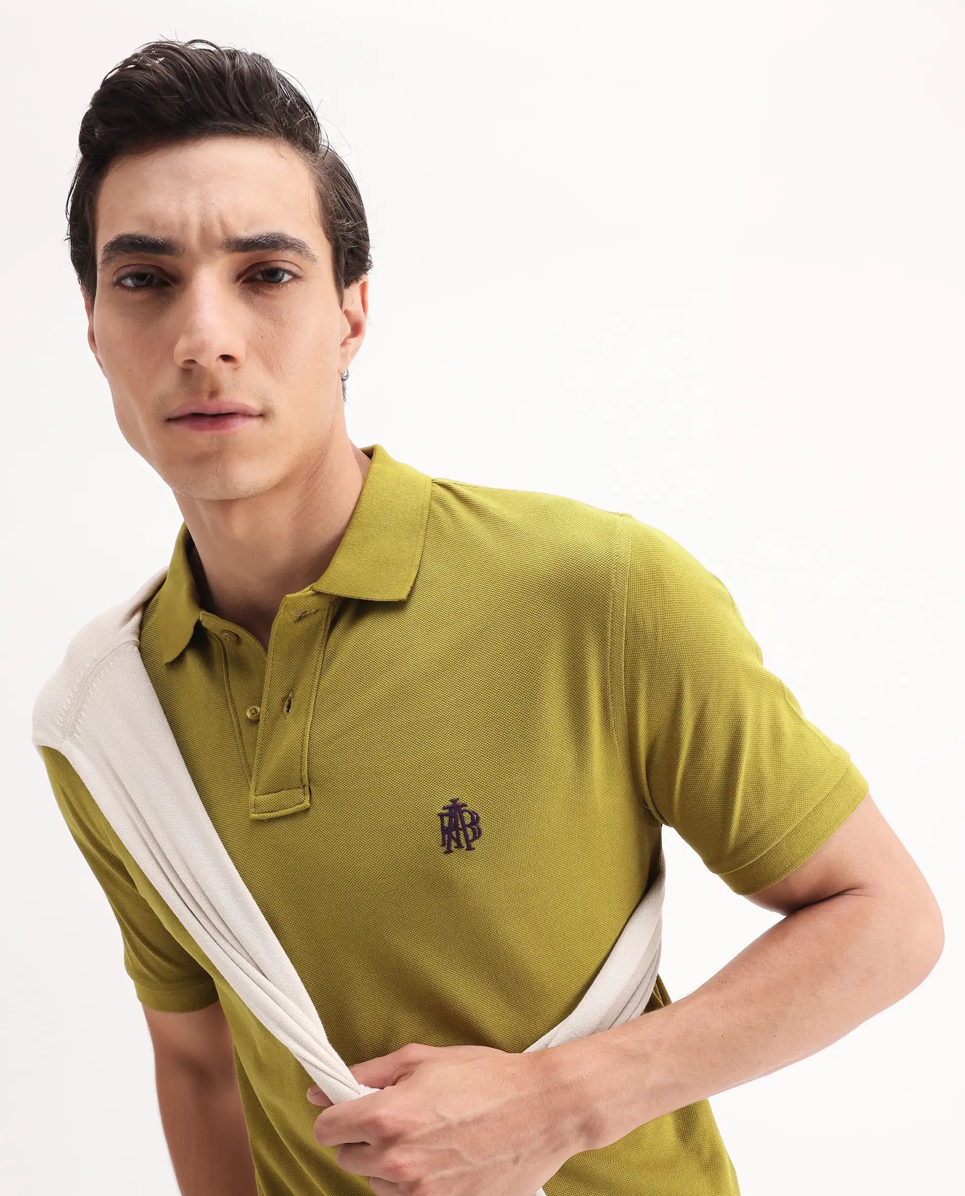 Rare Rabbit Men's Pareto Flouroscent Olive Cotton Embroidered Regular Fit Half Sleeve Polo