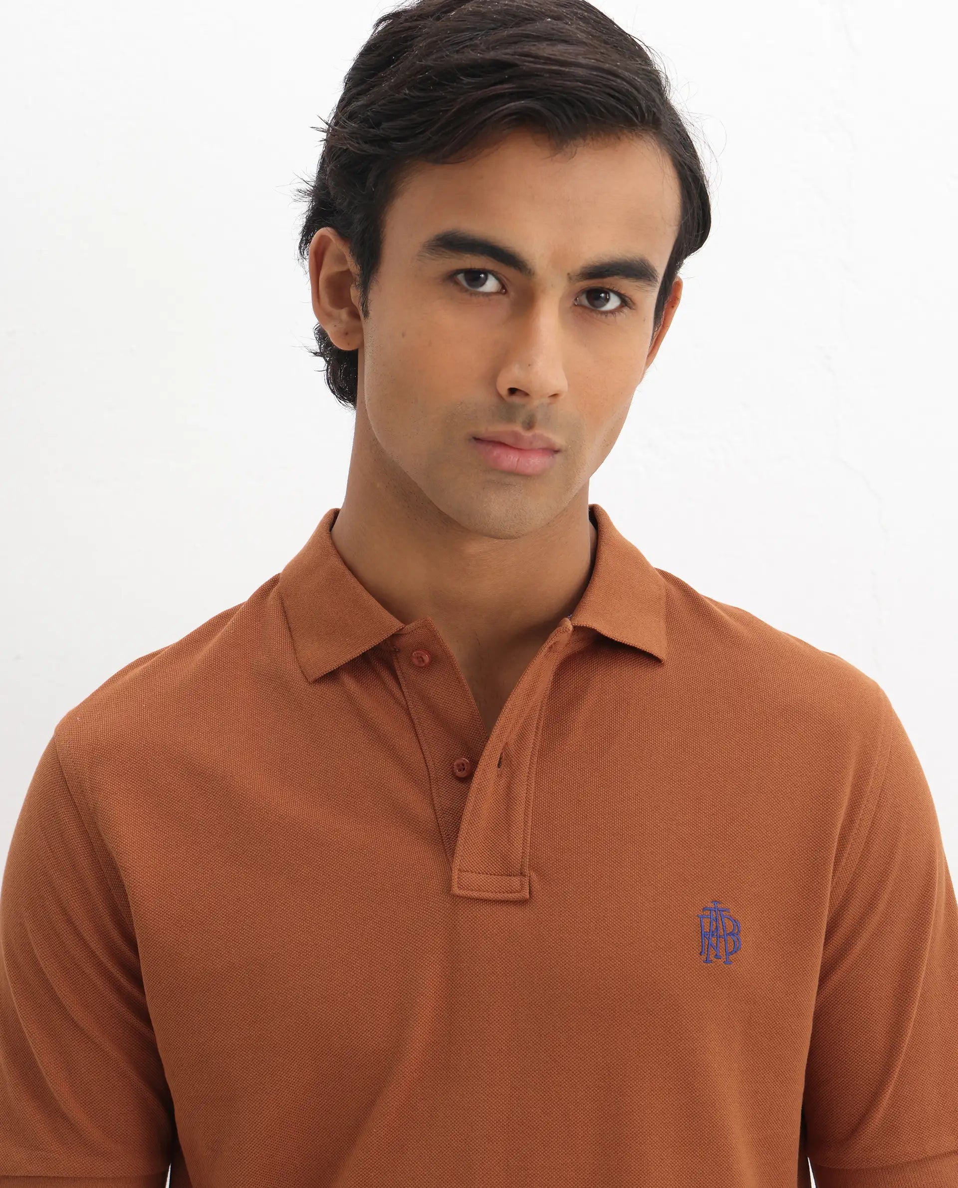 Rare Rabbit Men's Pareto Rust Cotton Embroidered Regular Fit Half Sleeve Polo