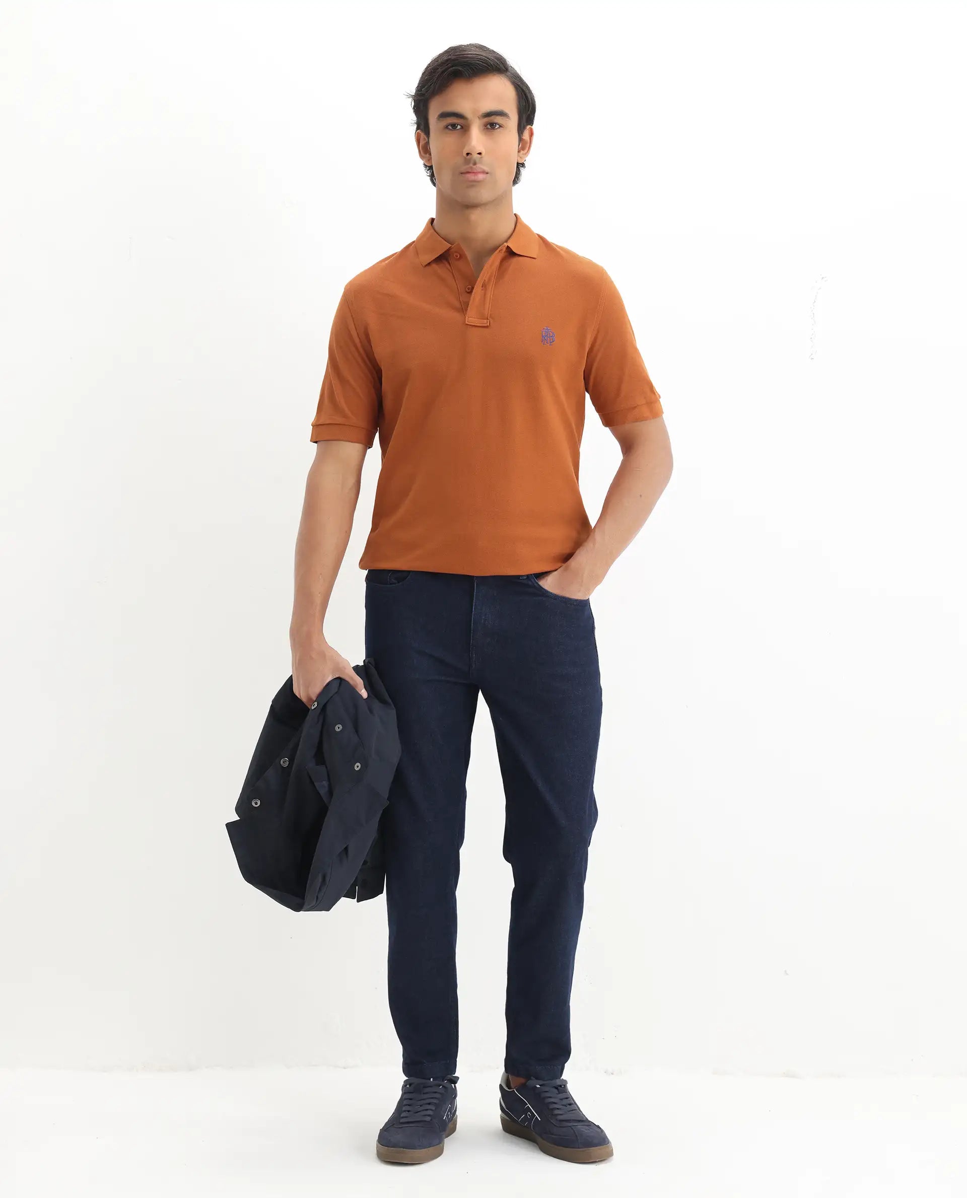 Rare Rabbit Men's Pareto Rust Cotton Embroidered Regular Fit Half Sleeve Polo