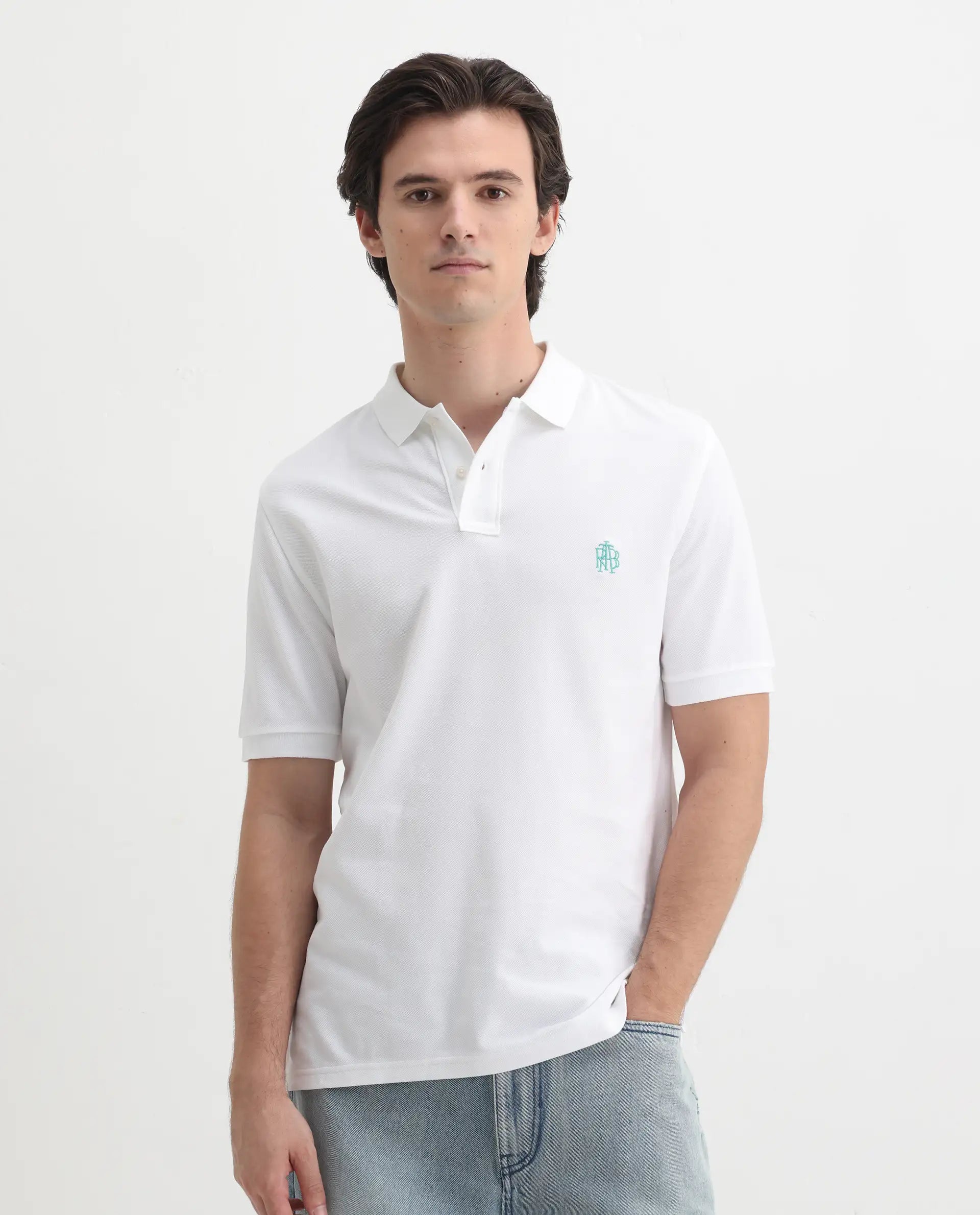 Rare Rabbit Men's Pareto White Cotton Embroidered Regular Fit Half Sleeve Polo