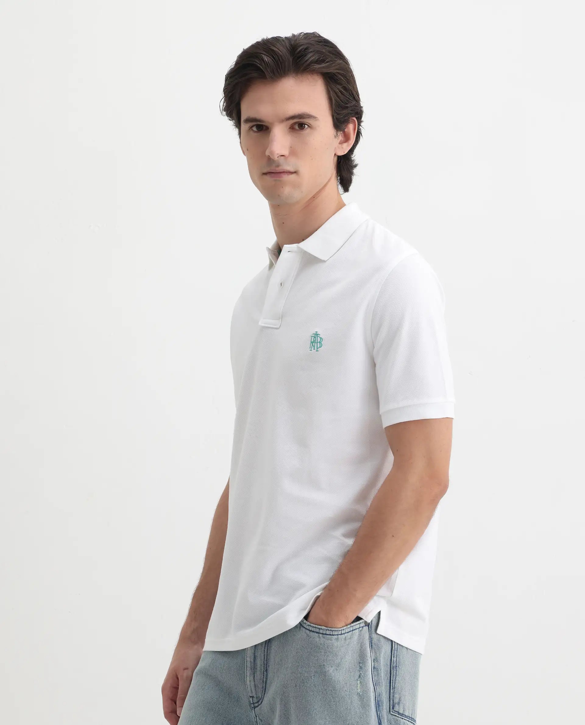 Rare Rabbit Men's Pareto White Cotton Embroidered Regular Fit Half Sleeve Polo