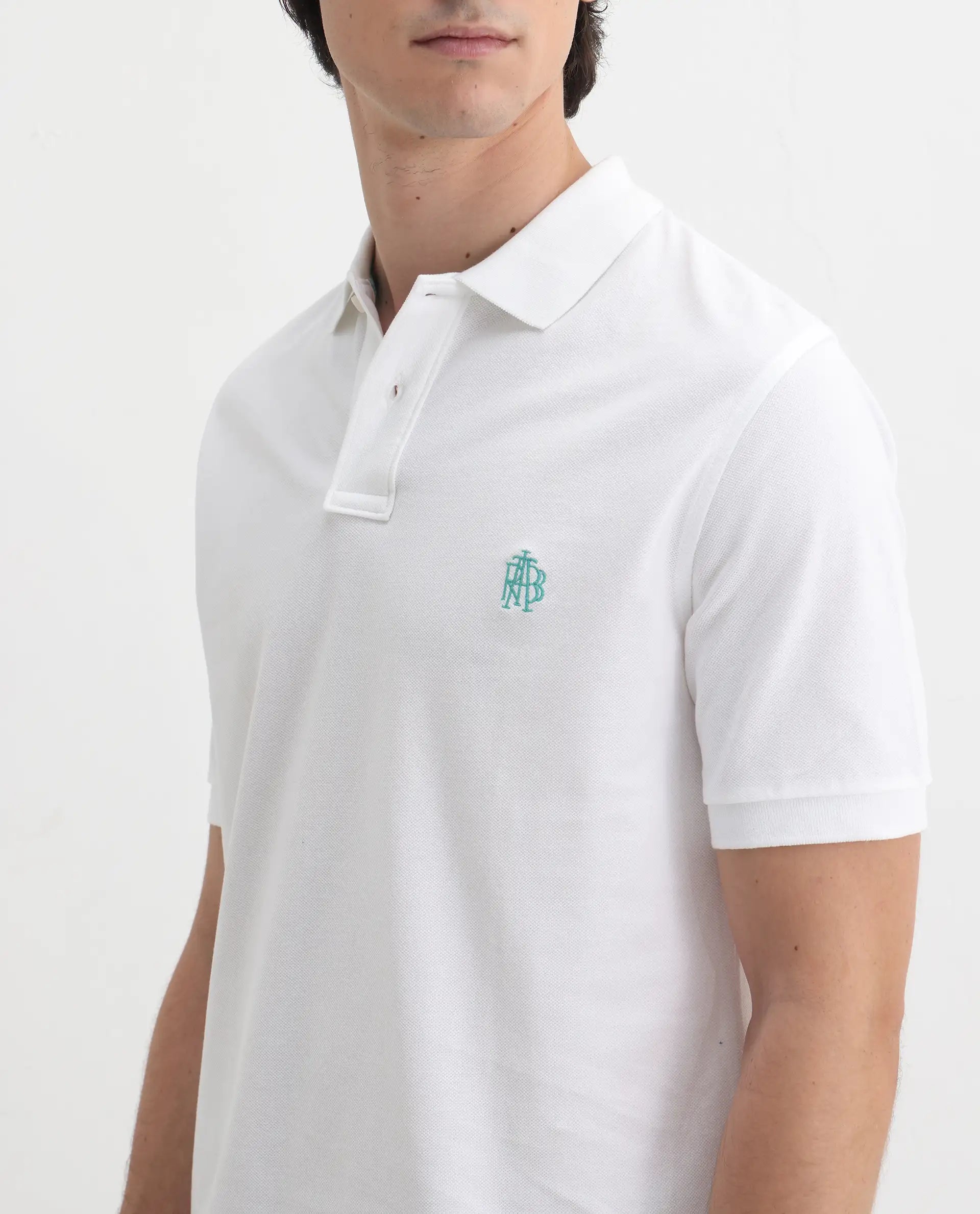 Rare Rabbit Men's Pareto White Cotton Embroidered Regular Fit Half Sleeve Polo