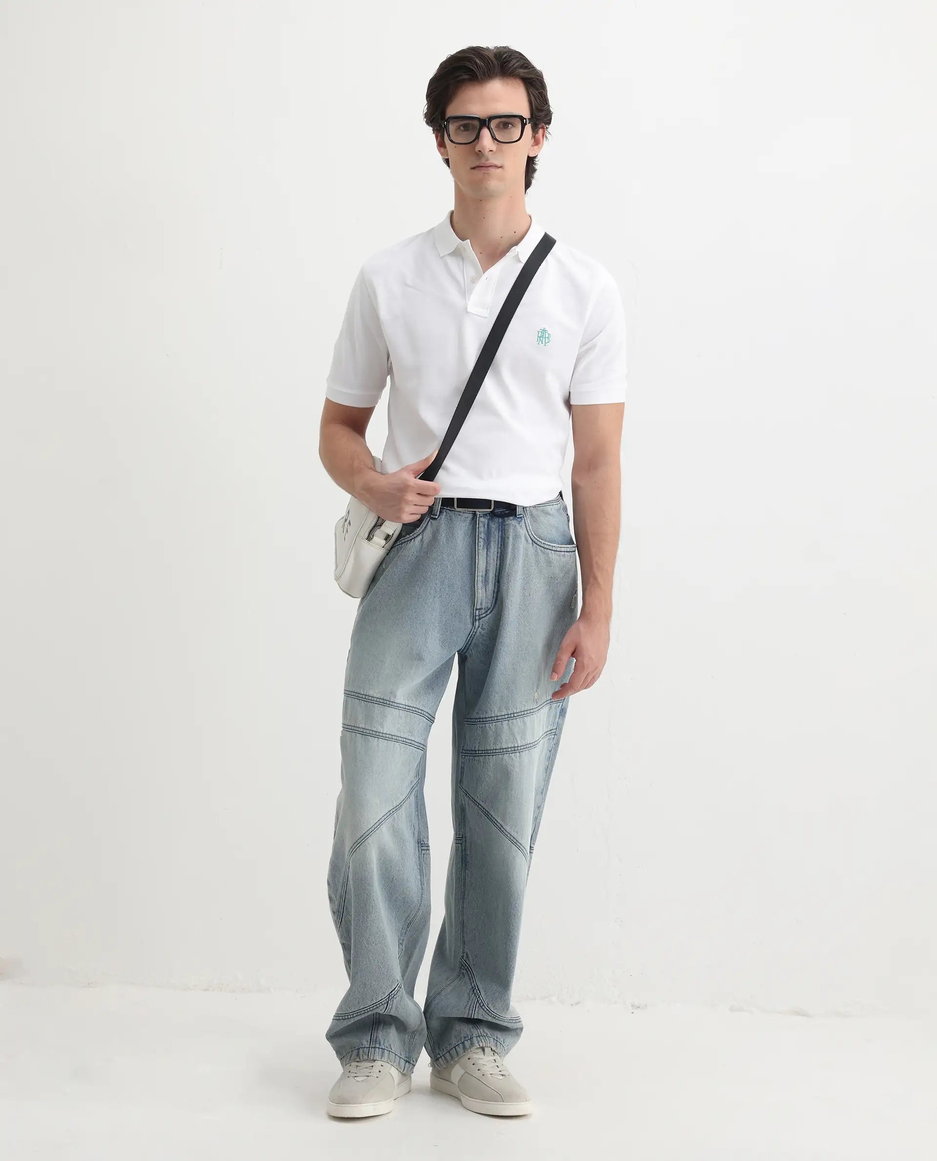 Rare Rabbit Men's Pareto White Cotton Embroidered Regular Fit Half Sleeve Polo