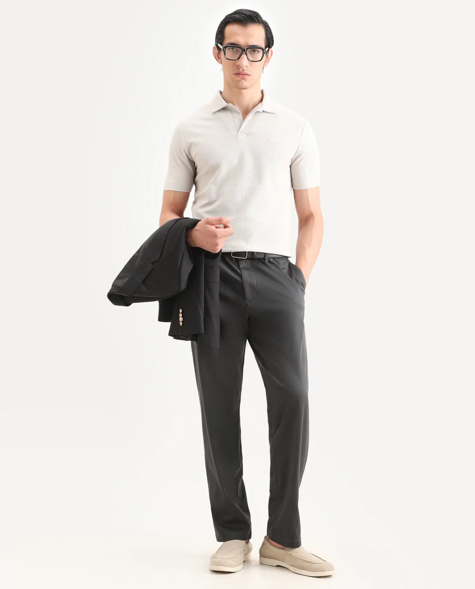 Rare Rabbit Men's Parga Dark Grey Cotton Blend Fabric Regular Fit Plain Trouser