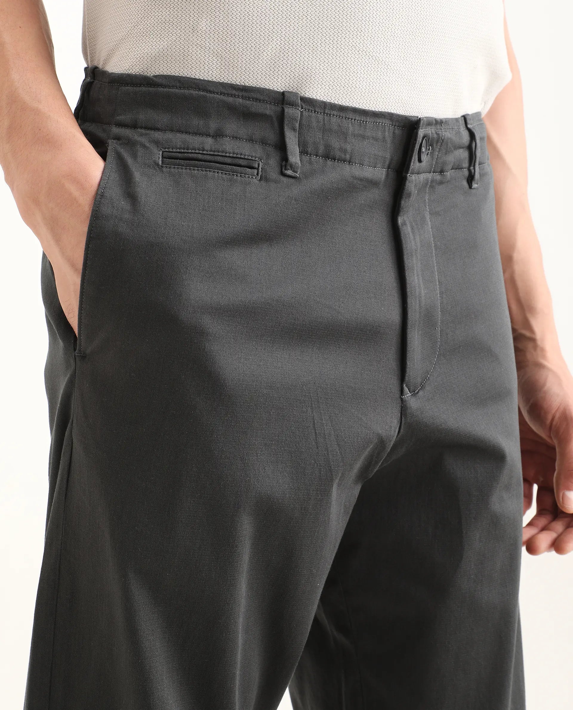 Rare Rabbit Men's Parga Dark Grey Cotton Blend Fabric Regular Fit Plain Trouser