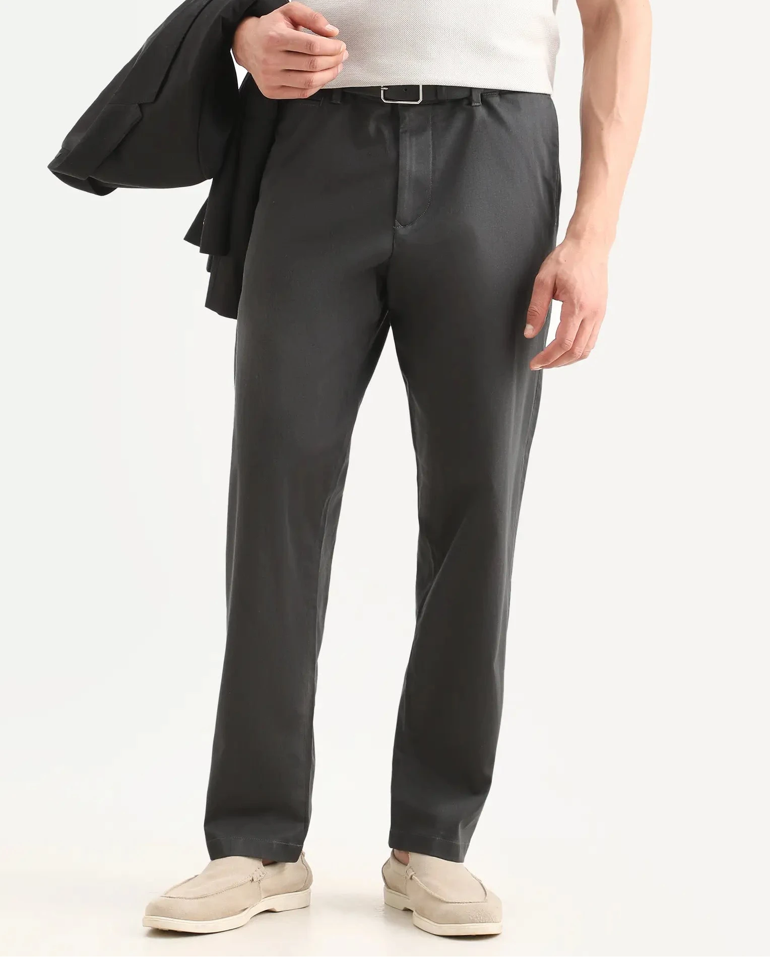 Rare Rabbit Men's Parga Dark Grey Cotton Blend Fabric Regular Fit Plain Trouser