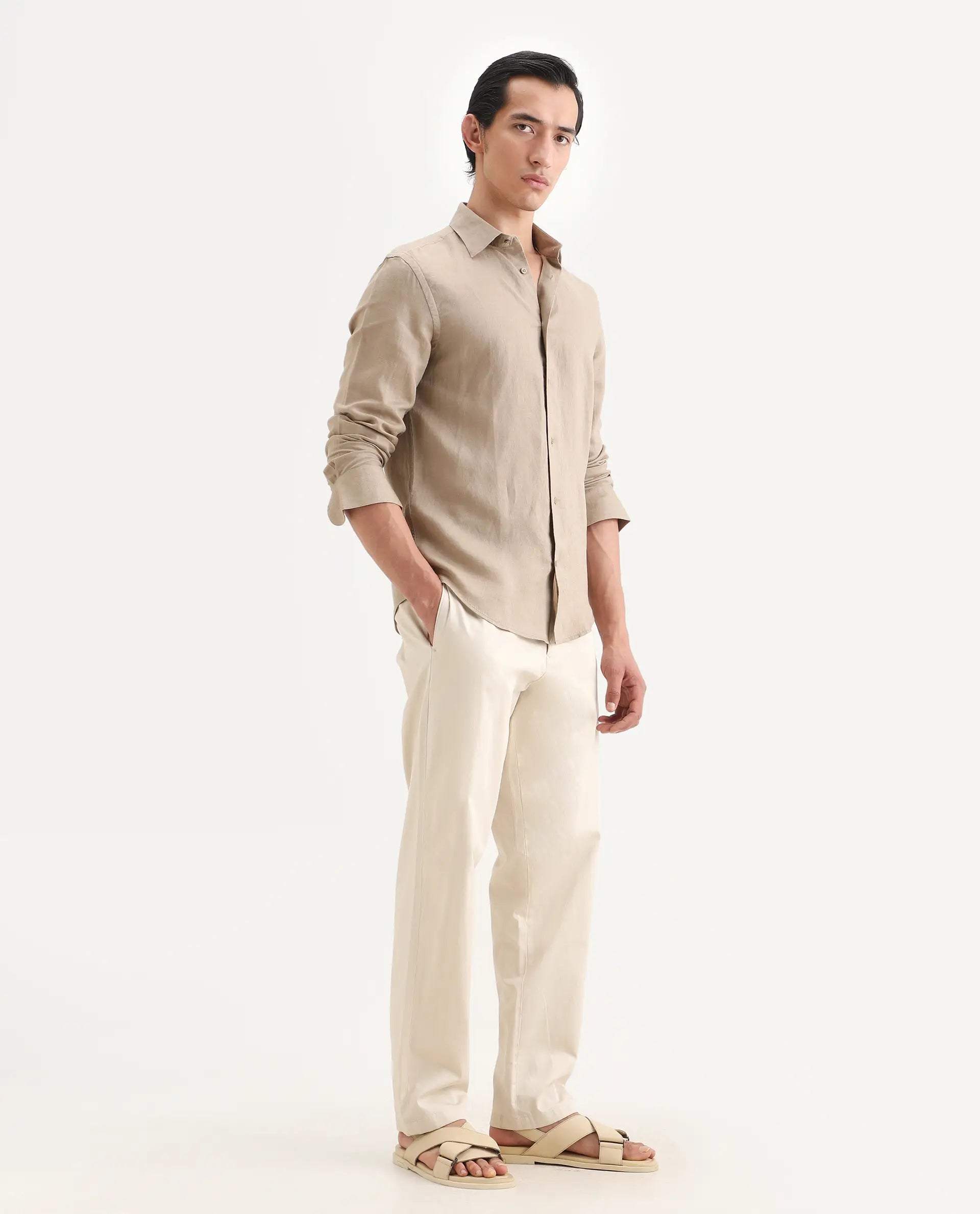 Rare Rabbit Men's Parga Light Beige Cotton Blend Fabric Regular Fit Plain Trouser
