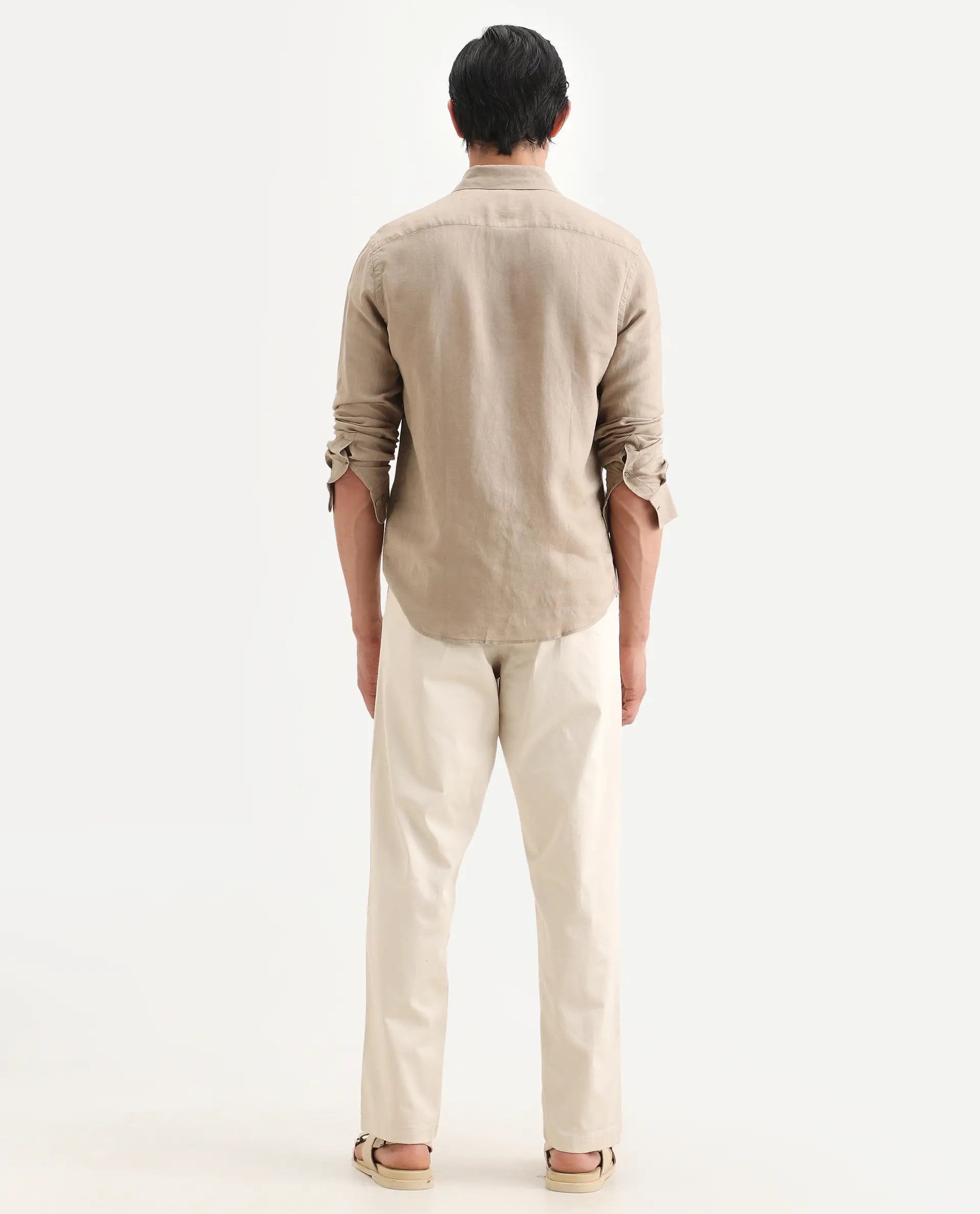 Rare Rabbit Men's Parga Light Beige Cotton Blend Fabric Regular Fit Plain Trouser
