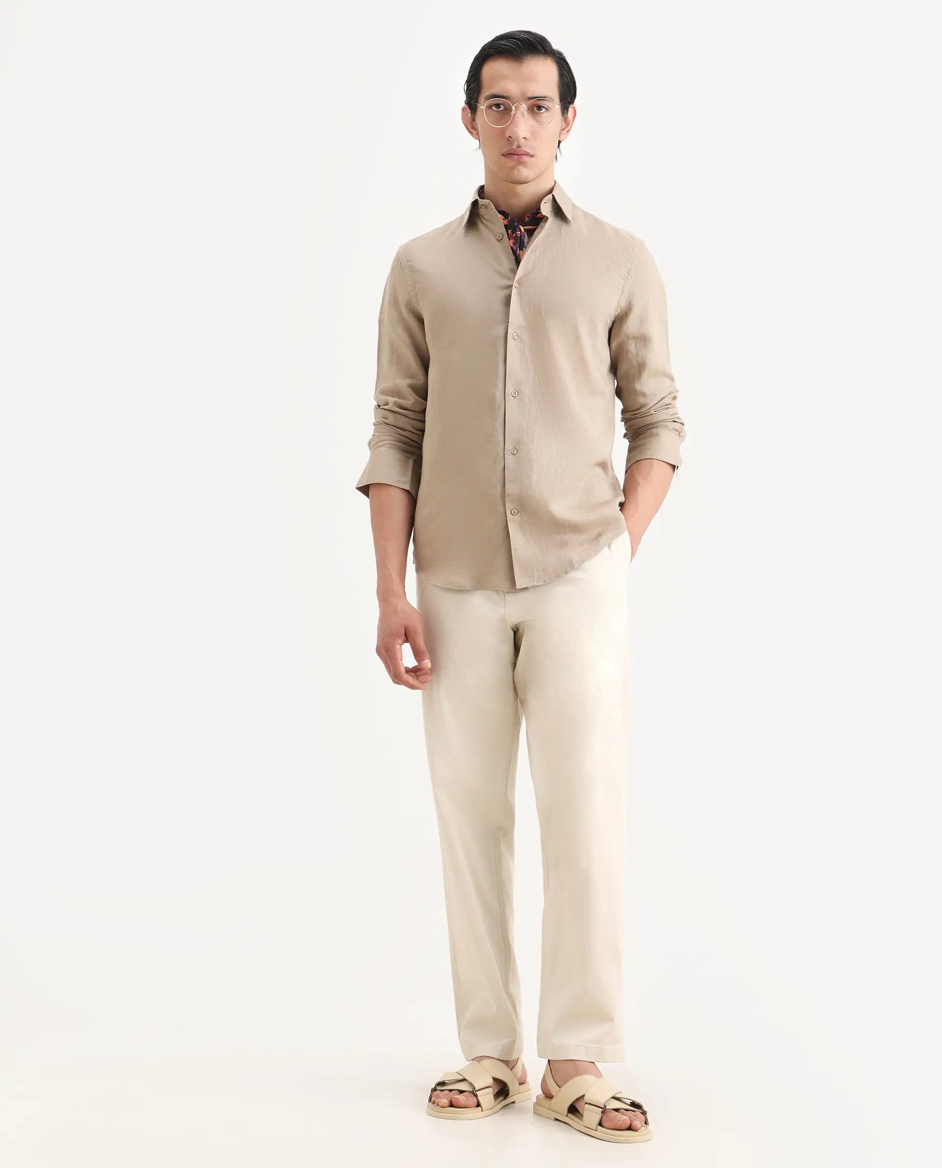 Rare Rabbit Men's Parga Light Beige Cotton Blend Fabric Regular Fit Plain Trouser