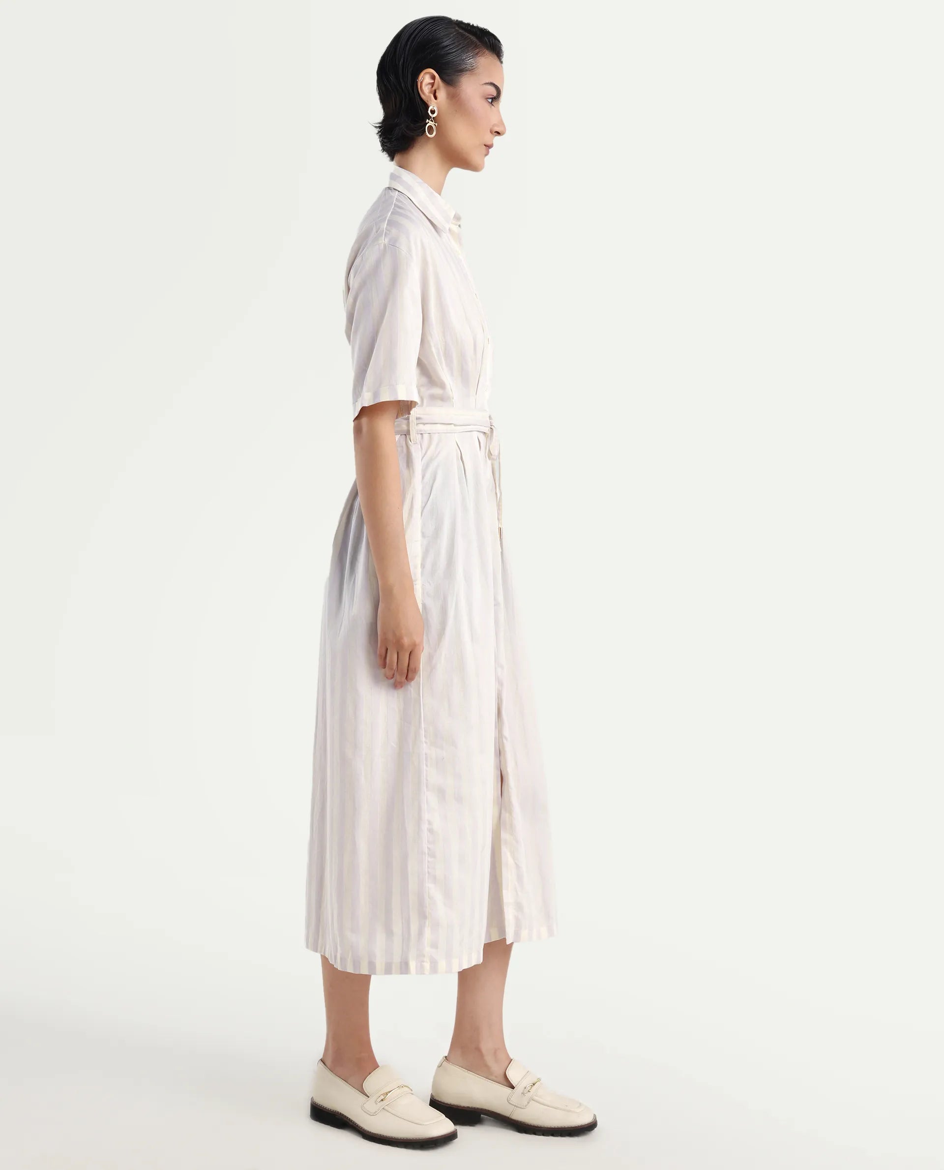 Rareism Women's Paris Yellow Spread Collar Striped Knee Length Regular Fit Dress
