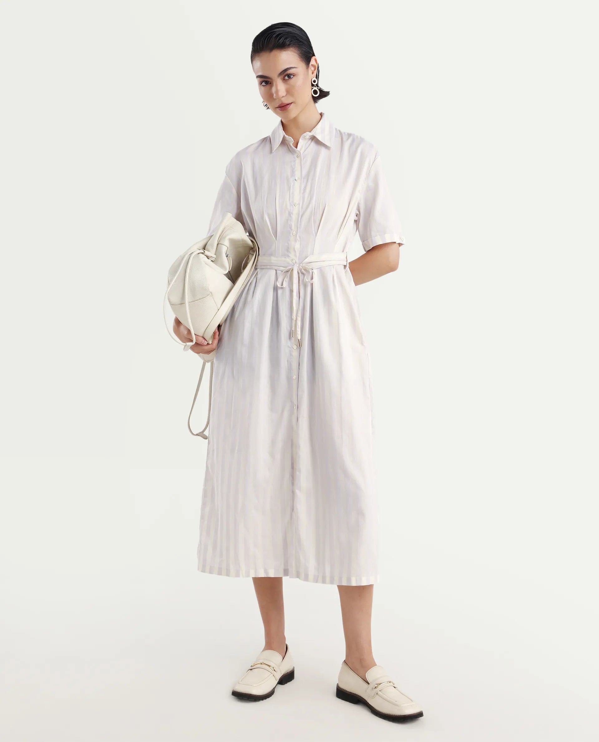 Rareism Women's Paris Yellow Spread Collar Striped Knee Length Regular Fit Dress