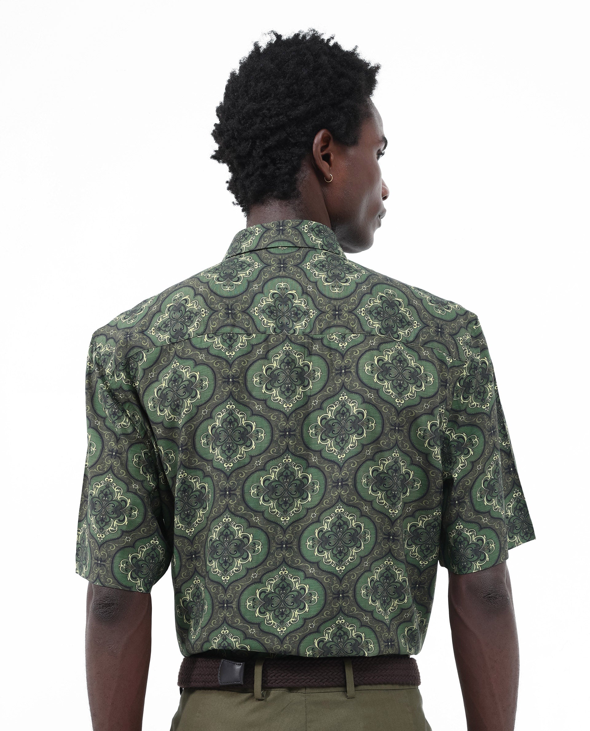 Rare Rabbit Men's Parkes Green Viscose Fabric Half Sleeve Boxy Fit Decorative Art Print Shirt