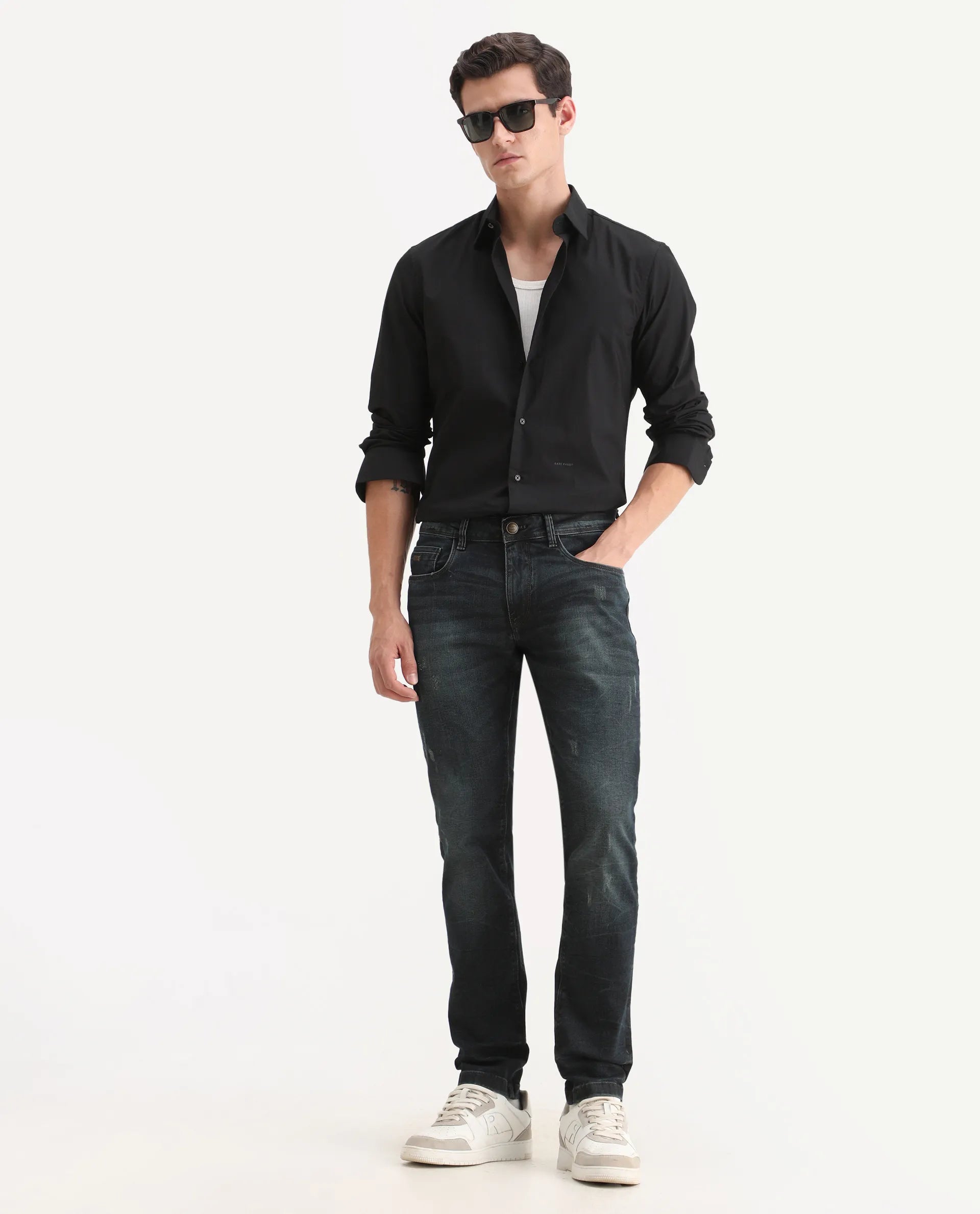 Rare Rabbit Men's Parle-1 Dark Blue Cotton Blend Fabric Hawk Slim Plain Jeans