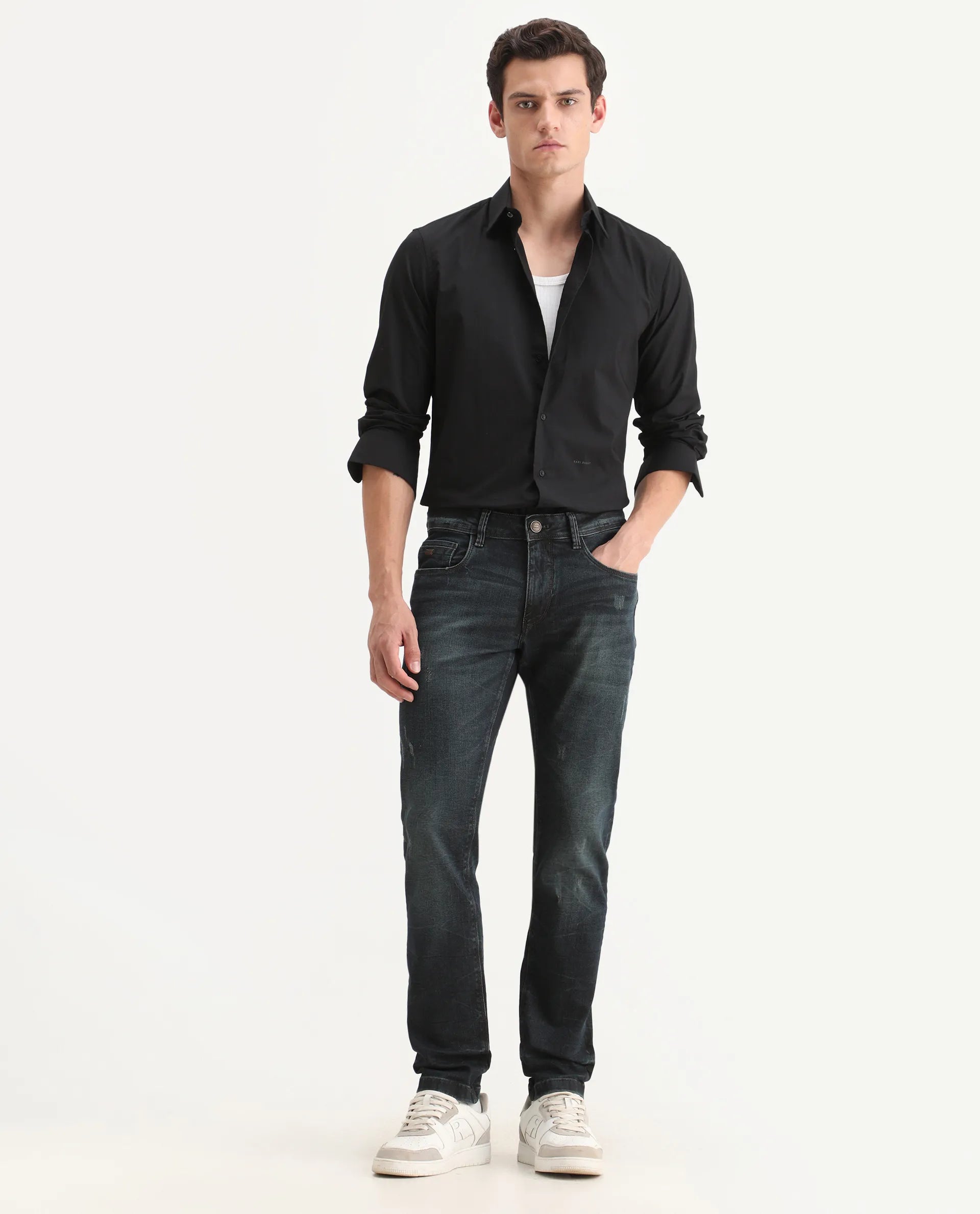 Rare Rabbit Men's Parle-1 Dark Blue Cotton Blend Fabric Hawk Slim Plain Jeans