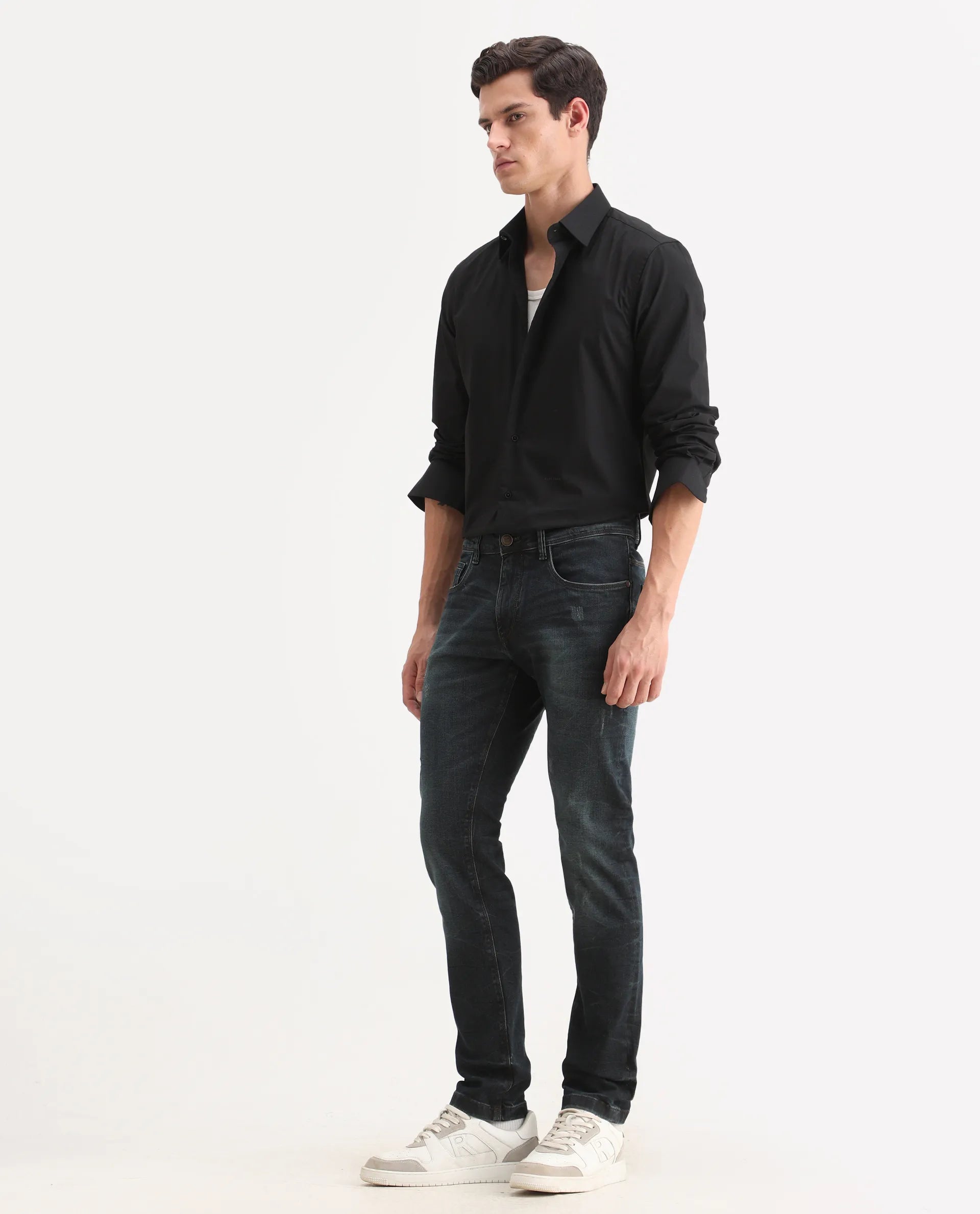 Rare Rabbit Men's Parle-1 Dark Blue Cotton Blend Fabric Hawk Slim Plain Jeans