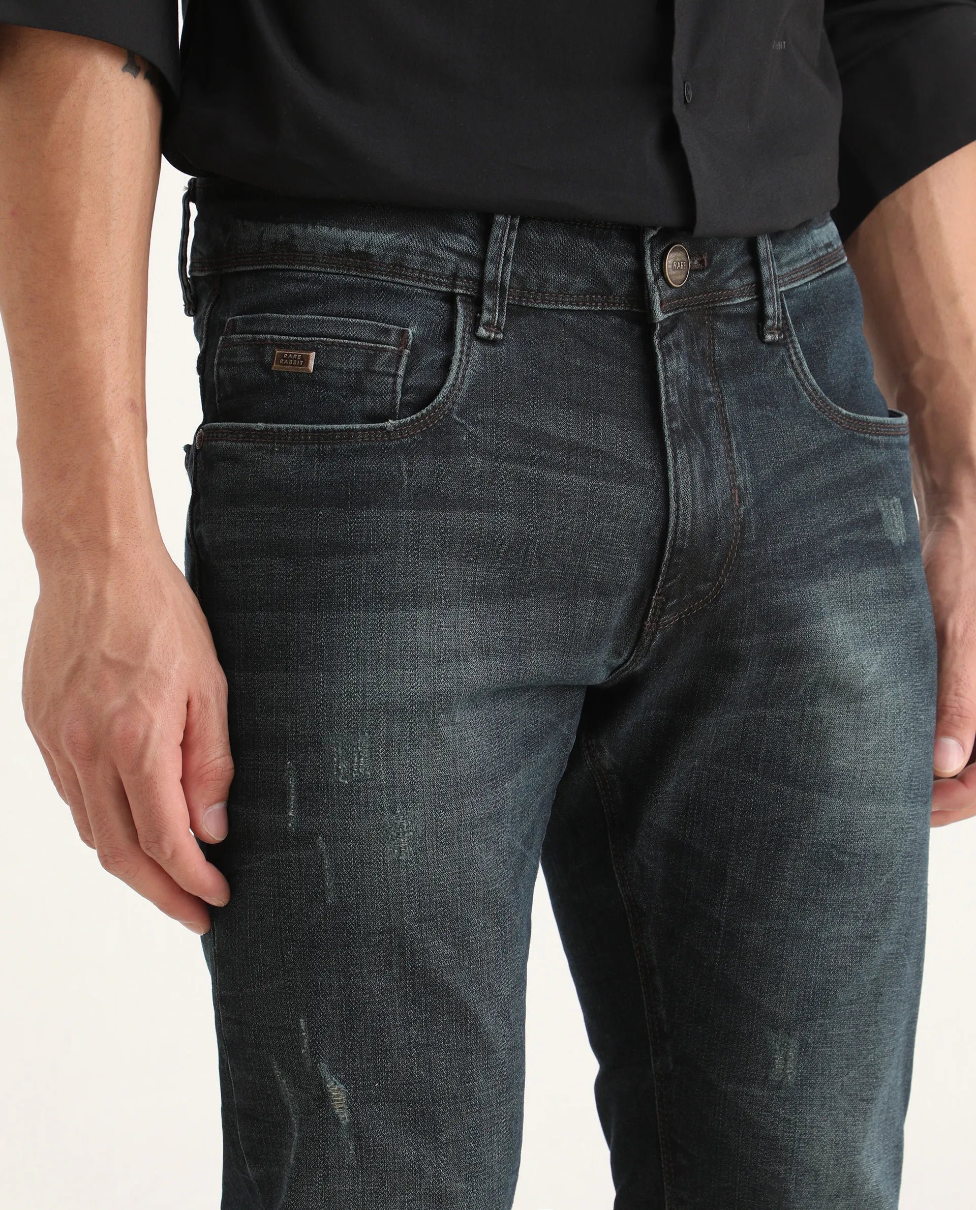 Rare Rabbit Men's Parle-1 Dark Blue Cotton Blend Fabric Hawk Slim Plain Jeans