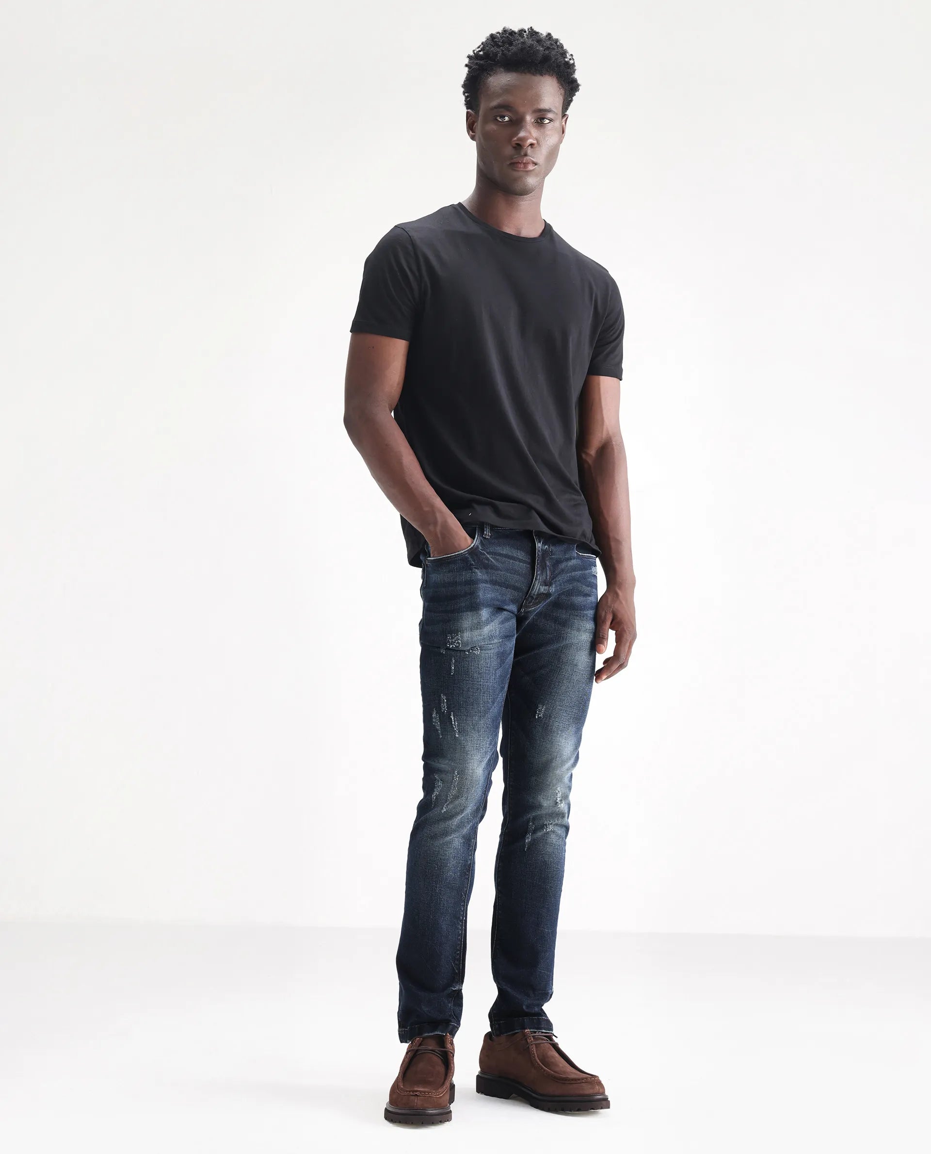 Rare Rabbit Men's Parle Navy Cotton Plain Hawk Slim Fit Jeans