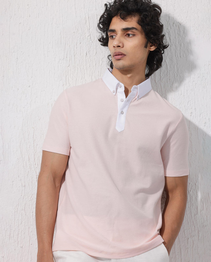 Rare Rabbit Mens Parma-2 Pastel Pink Short Sleeve Solid Polo T-Shirt
