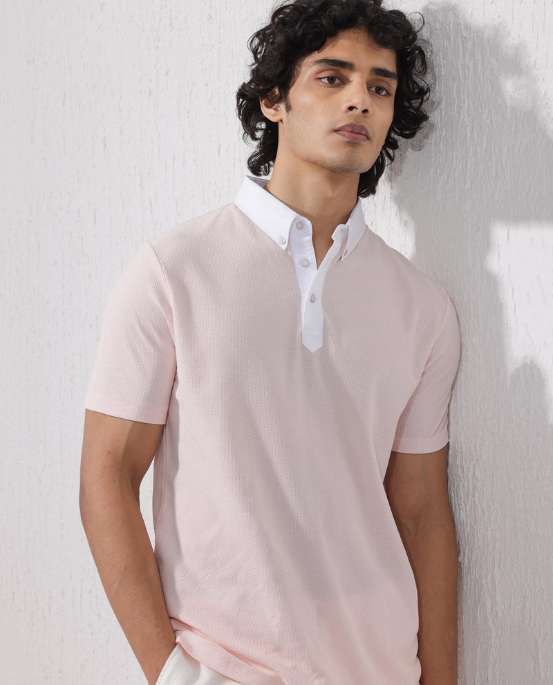 Rare Rabbit Mens Parma-2 Pastel Pink Short Sleeve Solid Polo T-Shirt