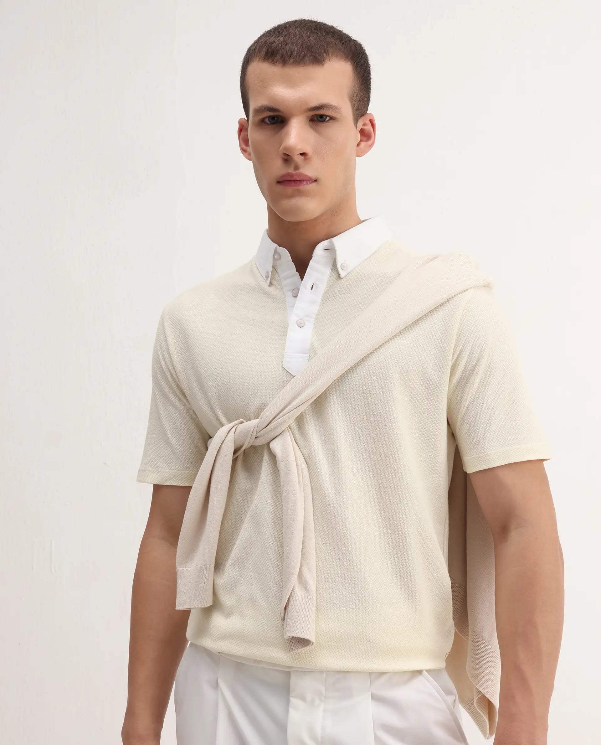 Rare Rabbit Men's Parma2 Pastel Yellow Cotton Plain Regular Fit Half Sleeve Polo