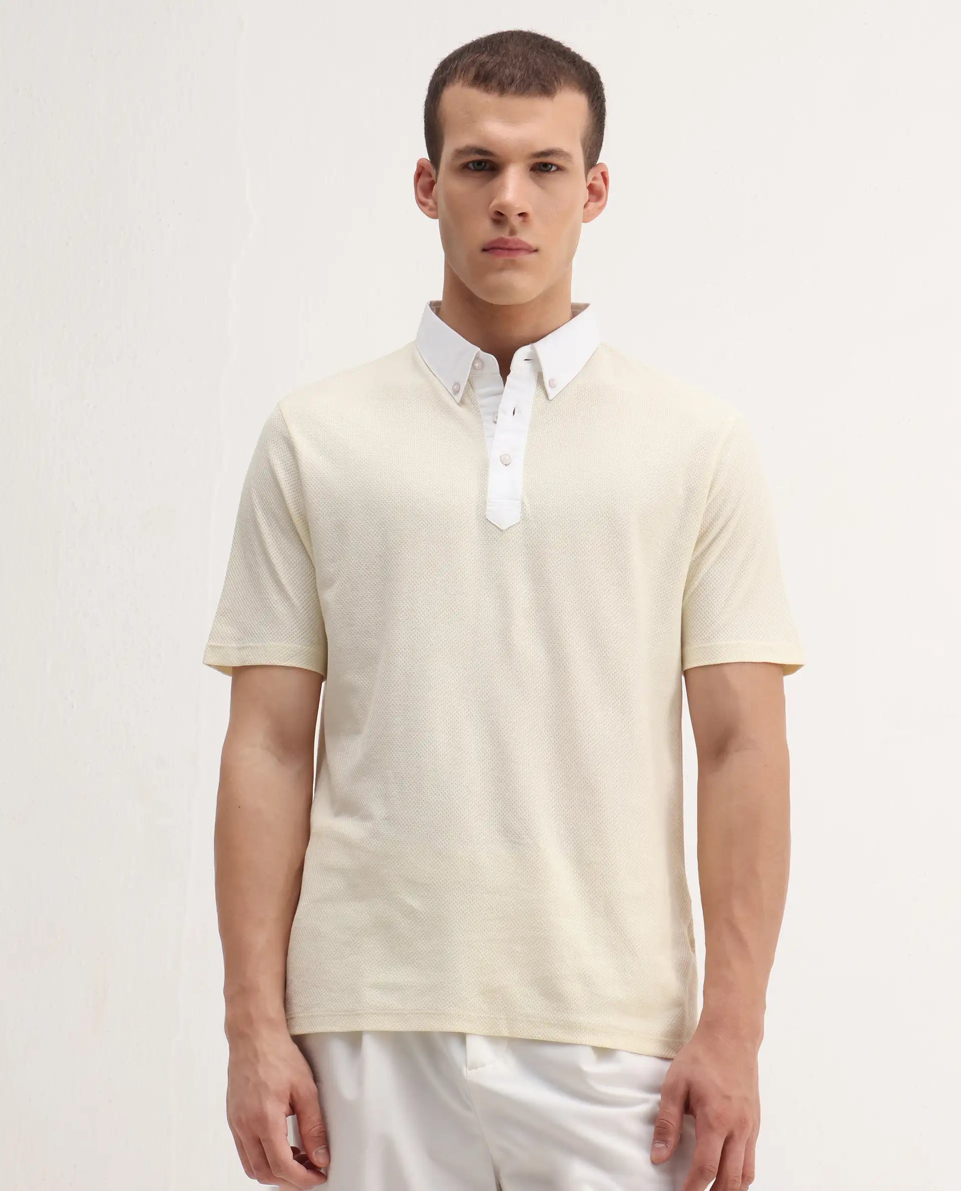 Rare Rabbit Men's Parma2 Pastel Yellow Cotton Plain Regular Fit Half Sleeve Polo