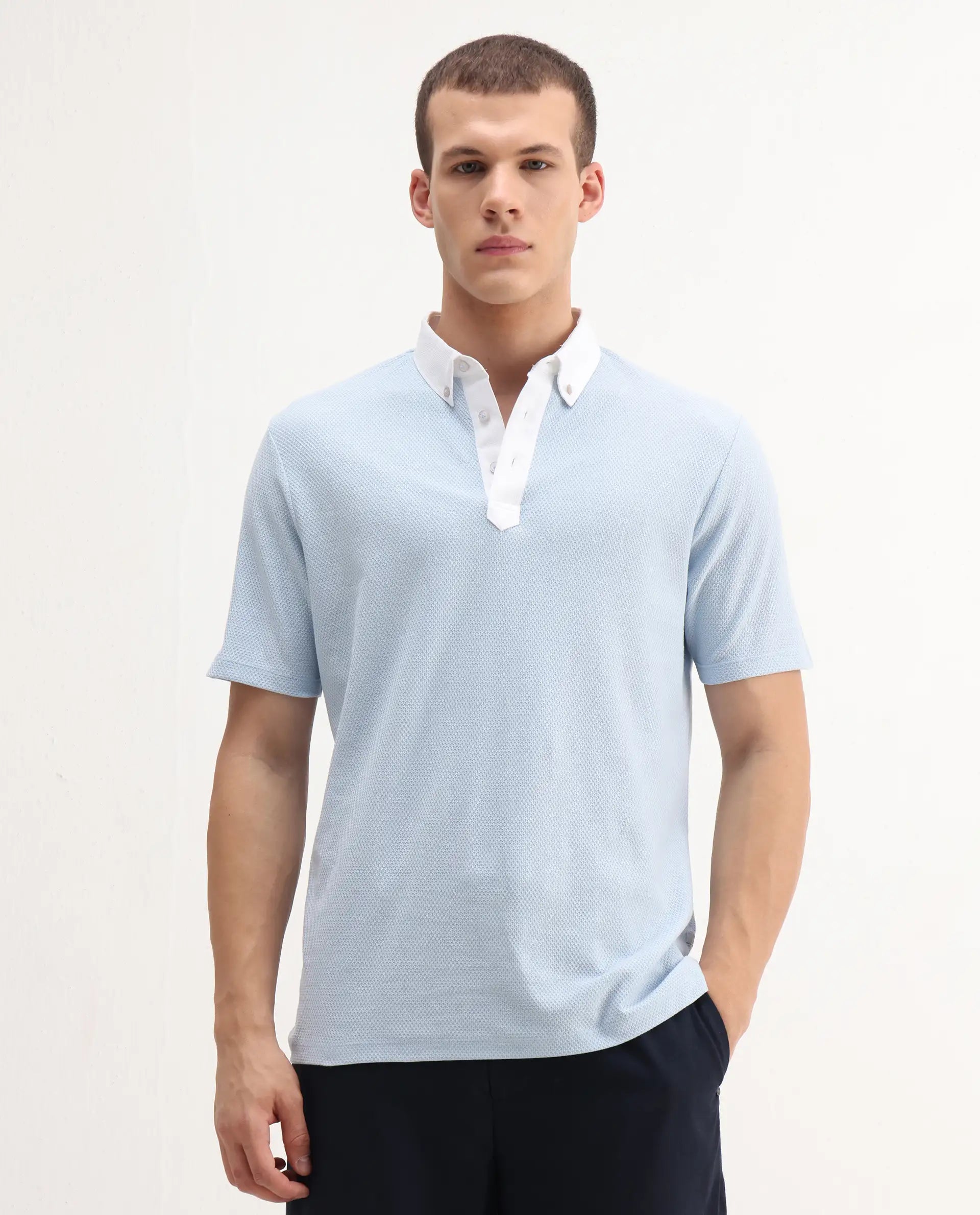 Rare Rabbit Men's Parma-3 Pastel Blue Cotton Plain Regular Fit Half Sleeve Polo