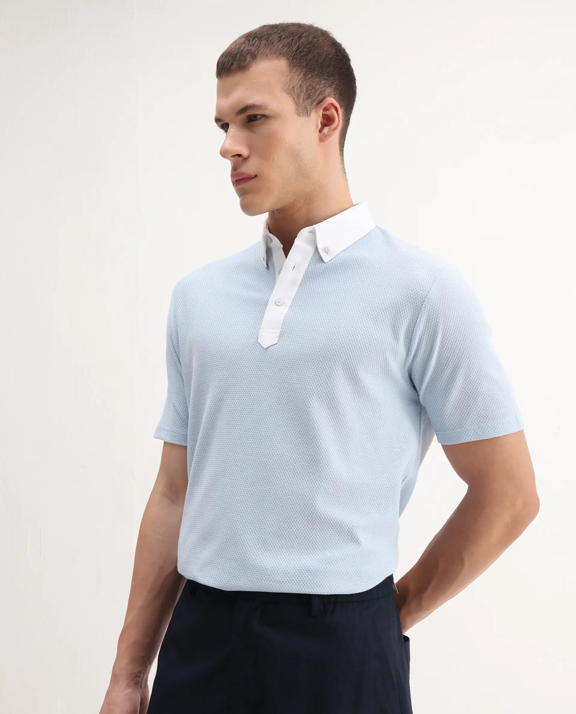 Rare Rabbit Men's Parma-3 Pastel Blue Cotton Plain Regular Fit Half Sleeve Polo