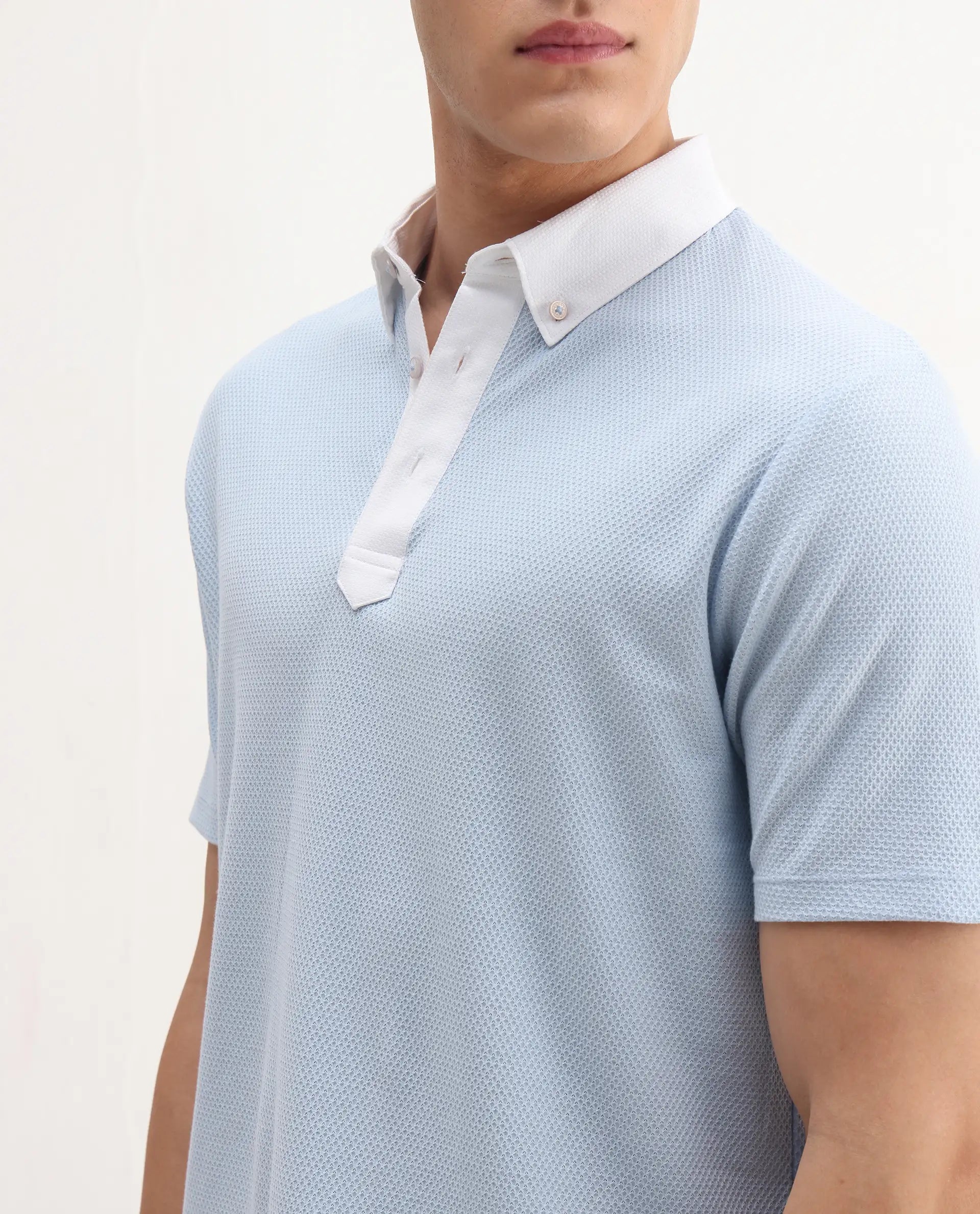 Rare Rabbit Men's Parma-3 Pastel Blue Cotton Plain Regular Fit Half Sleeve Polo