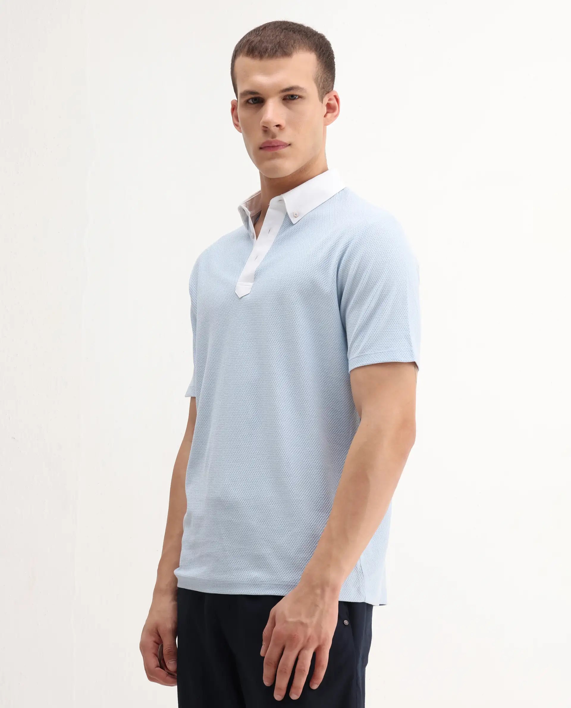 Rare Rabbit Men's Parma-3 Pastel Blue Cotton Plain Regular Fit Half Sleeve Polo