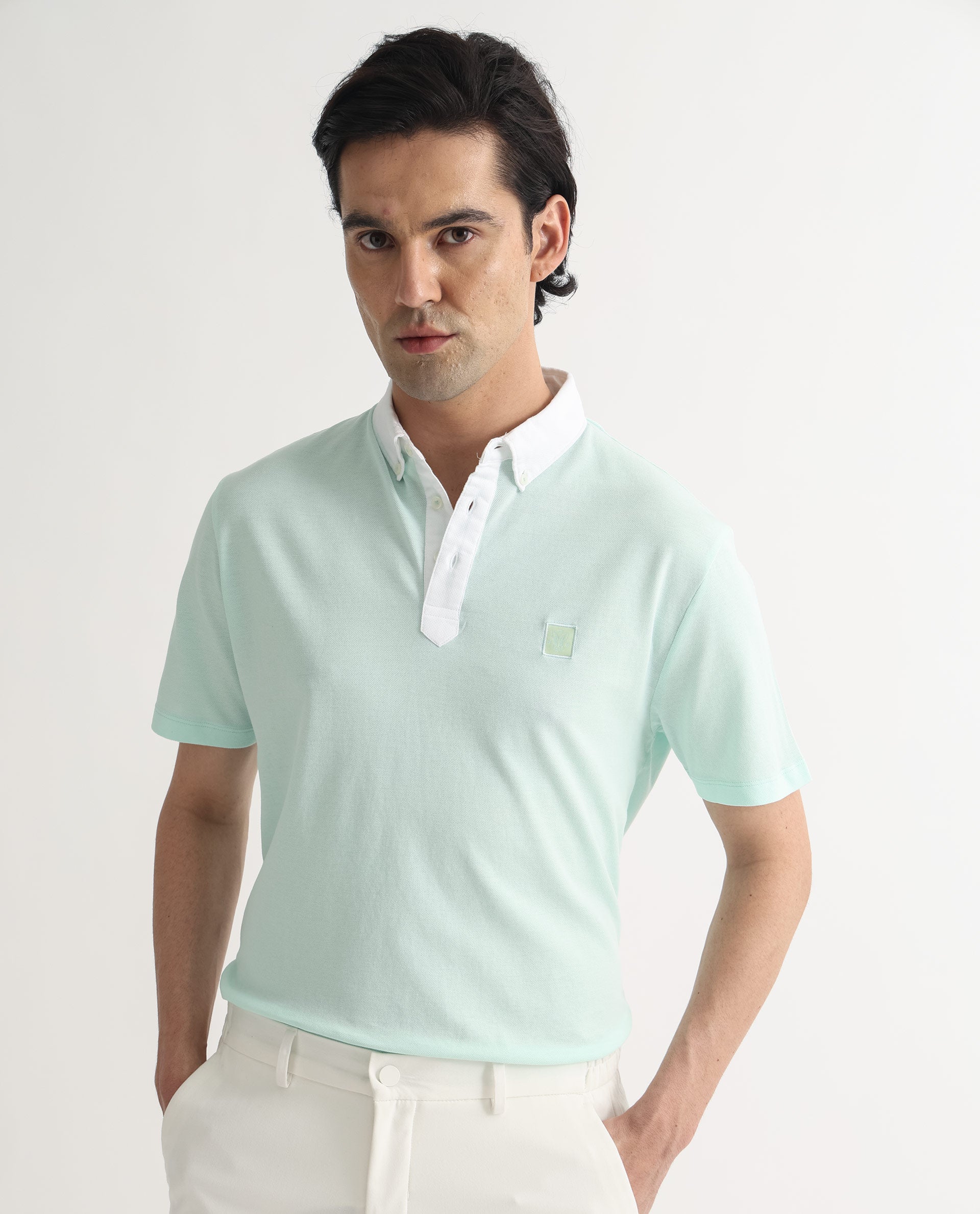 Rare Rabbit Men's Parma Pastel Green Cotton Plain Regular Fit Half Sleeve Polo