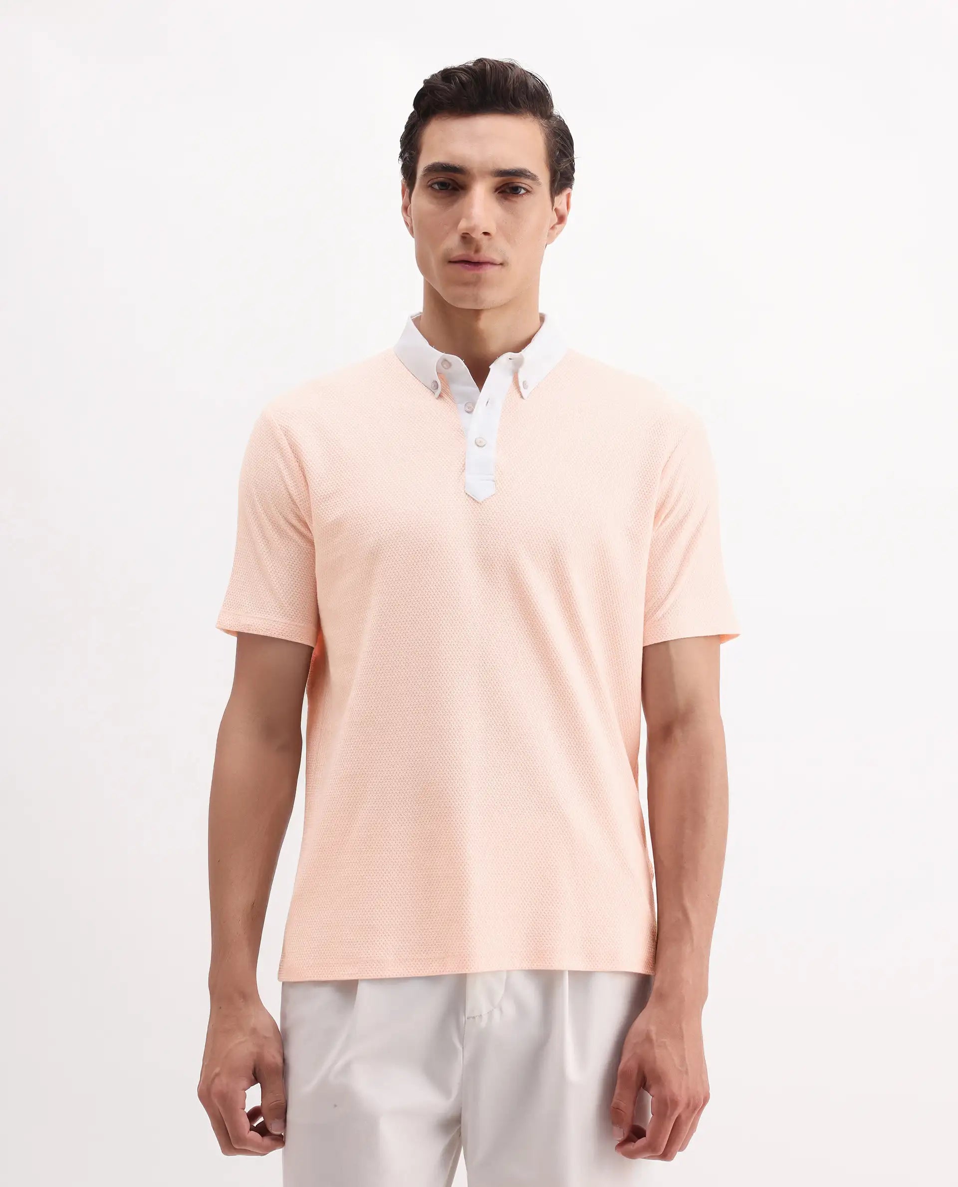 Rare Rabbit Men's Parma-3 Pastel Pink Cotton Plain Regular Fit Half Sleeve Polo