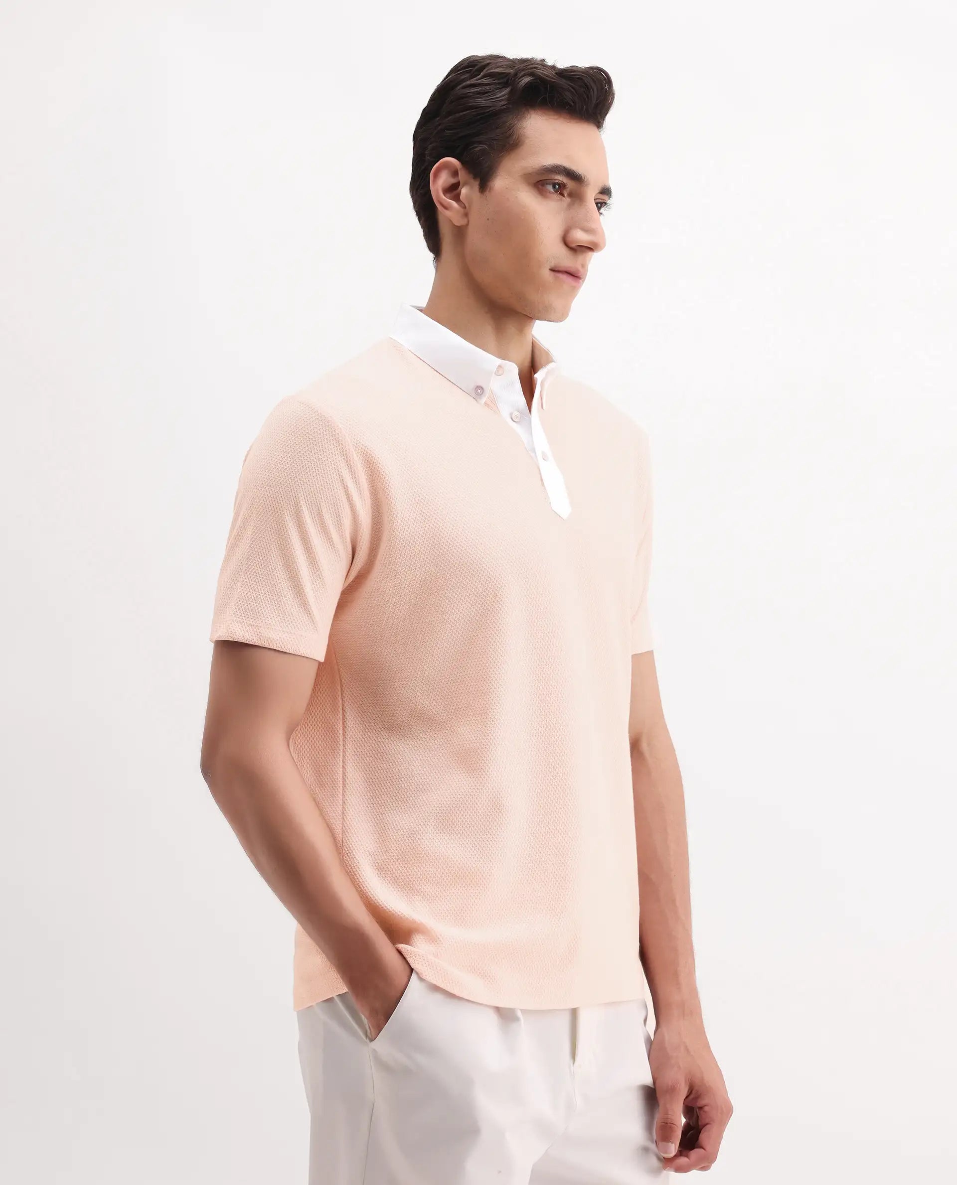 Rare Rabbit Men's Parma-3 Pastel Pink Cotton Plain Regular Fit Half Sleeve Polo