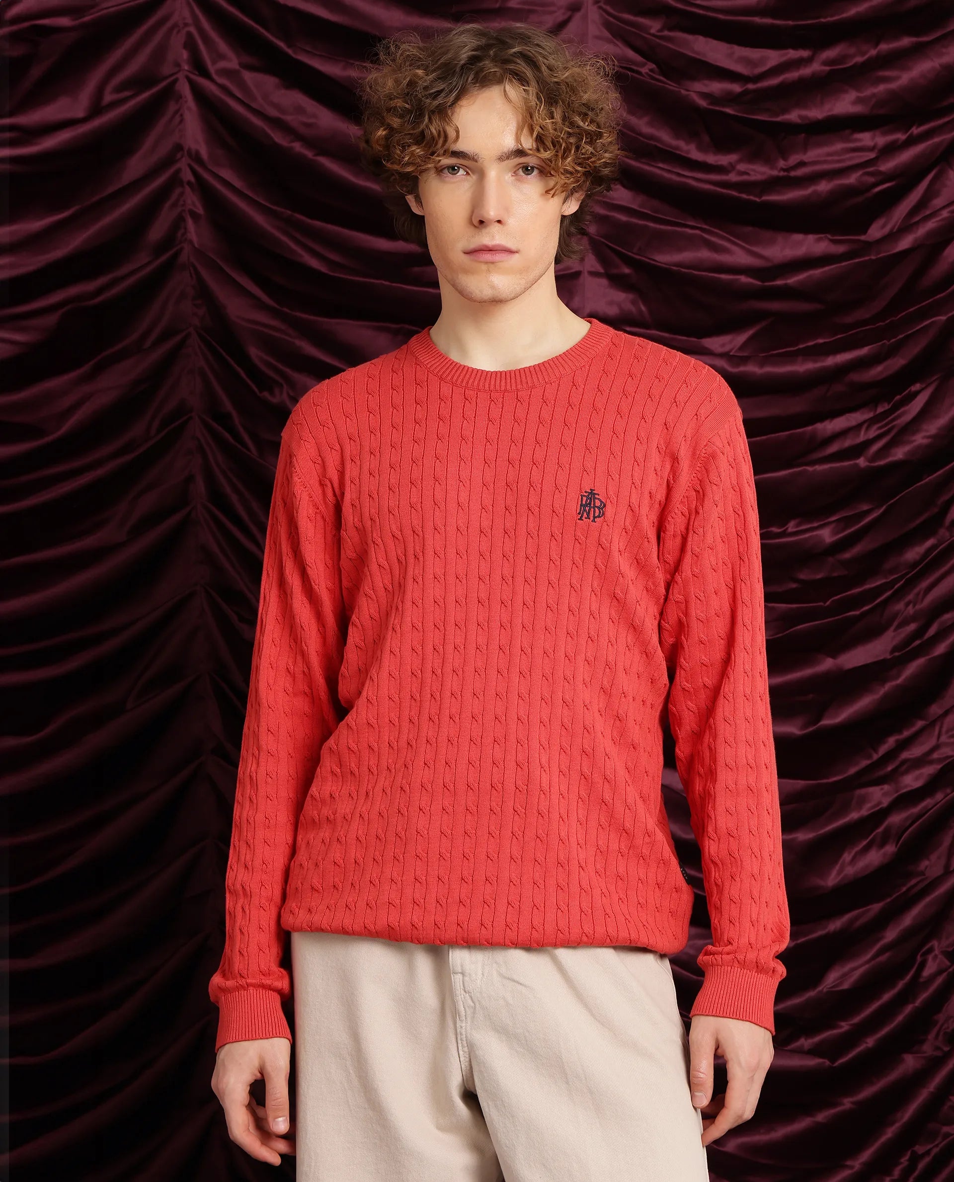 Rare Rabbit Men's Prota Orange Full Sleeve Collarless Regular Fit Plain Sweater