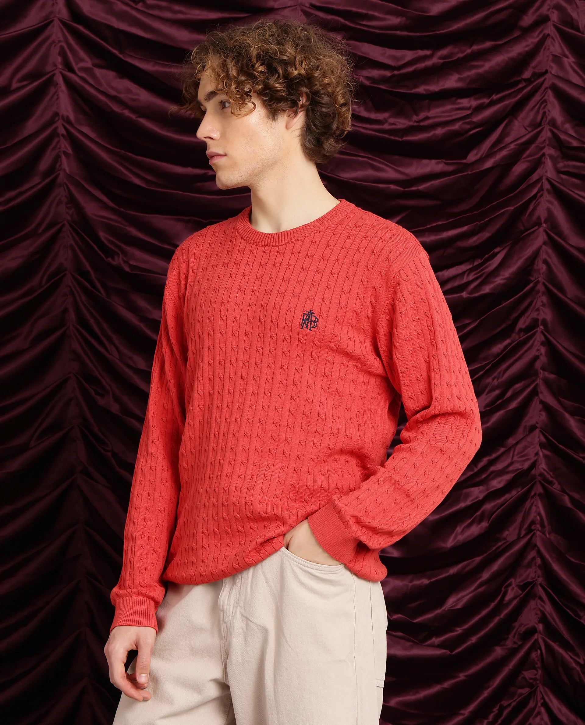 Rare Rabbit Men's Prota Orange Full Sleeve Collarless Regular Fit Plain Sweater