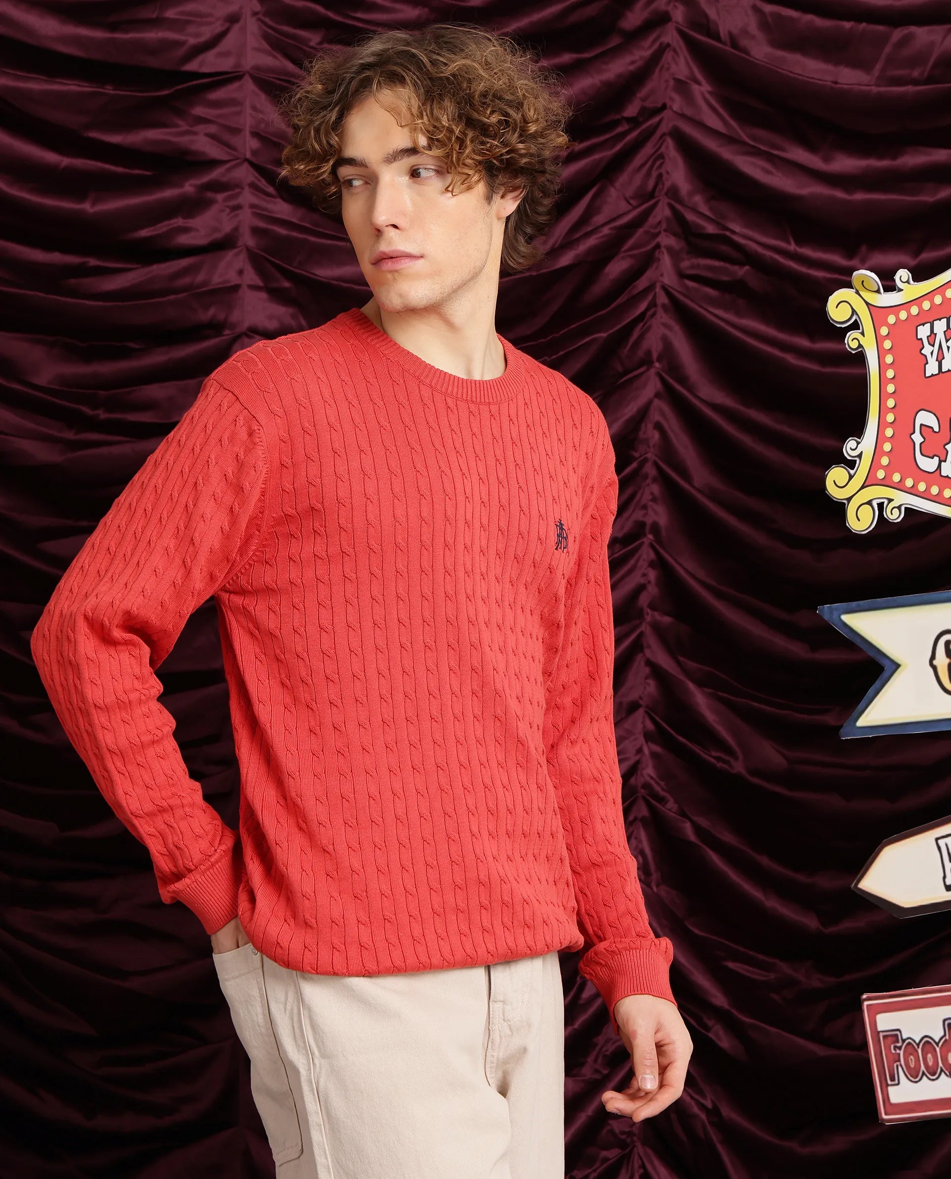 Rare Rabbit Men's Prota Orange Full Sleeve Collarless Regular Fit Plain Sweater