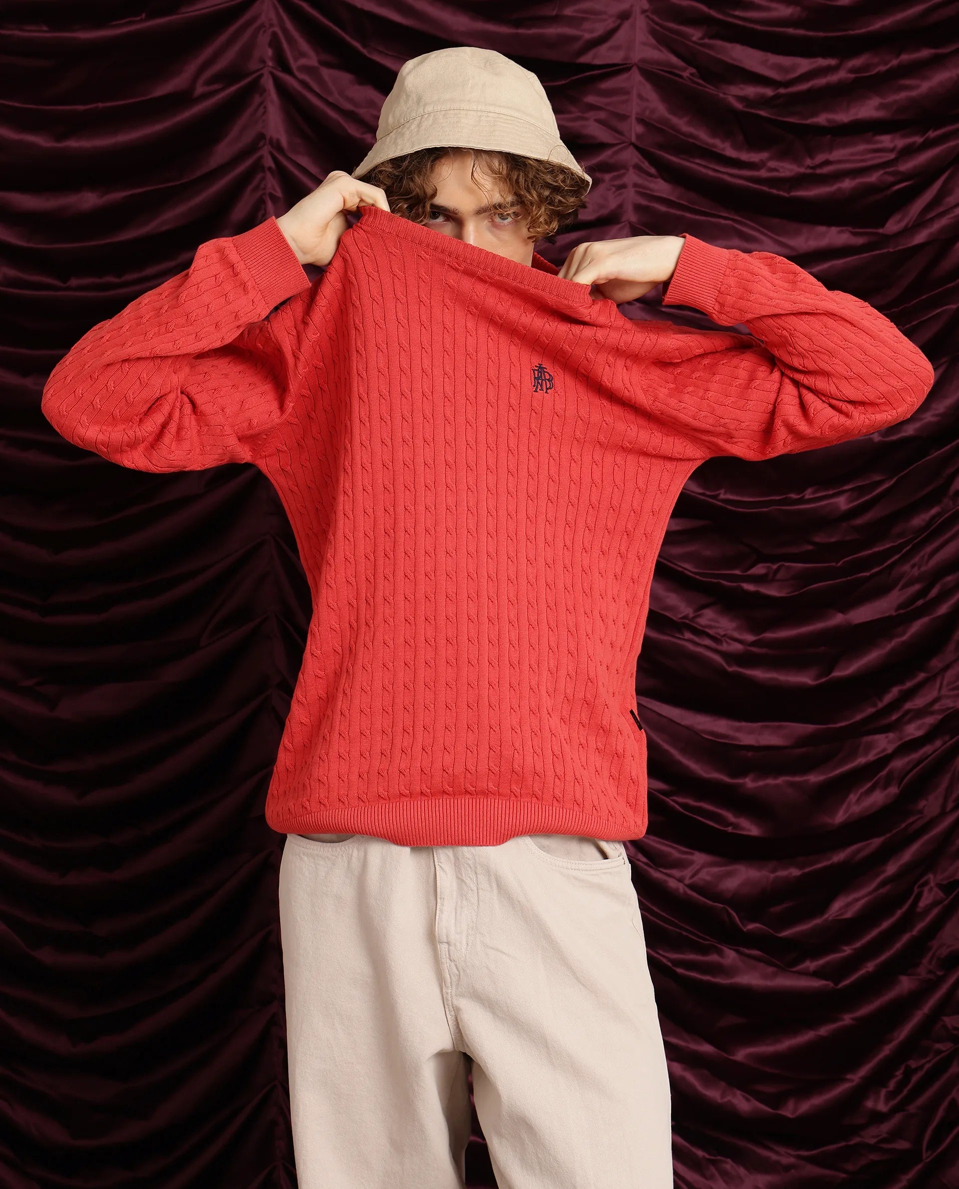 Rare Rabbit Men's Prota Orange Full Sleeve Collarless Regular Fit Plain Sweater