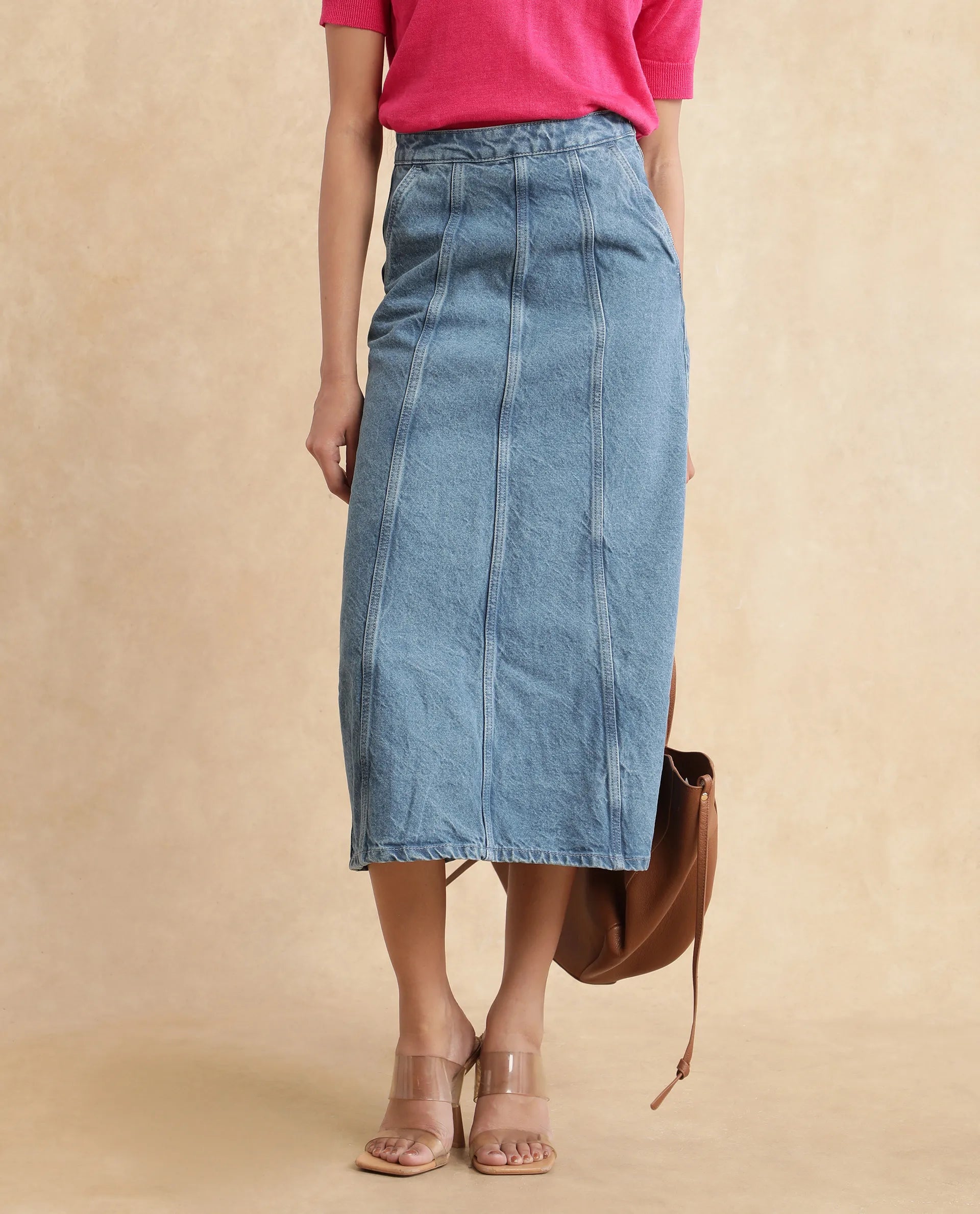 Rareism Women Parrit Blue Cotton Fabric Regular Fit Plain Skirt