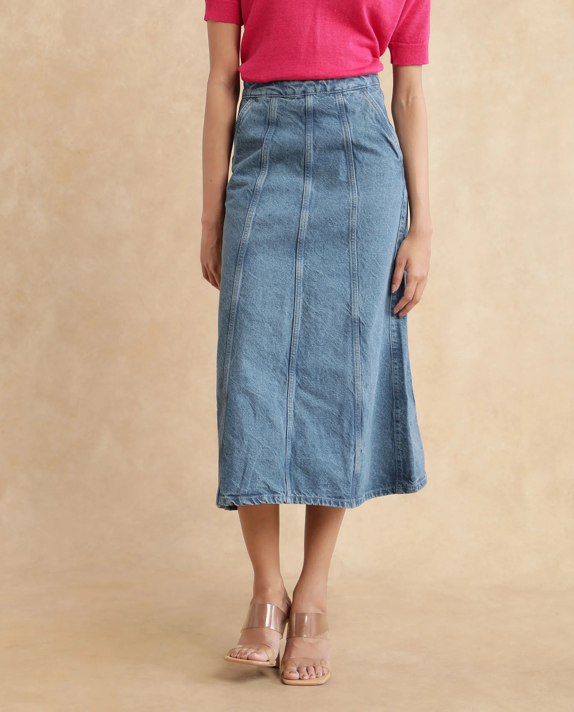 Rareism Women Parrit Blue Cotton Fabric Regular Fit Plain Skirt