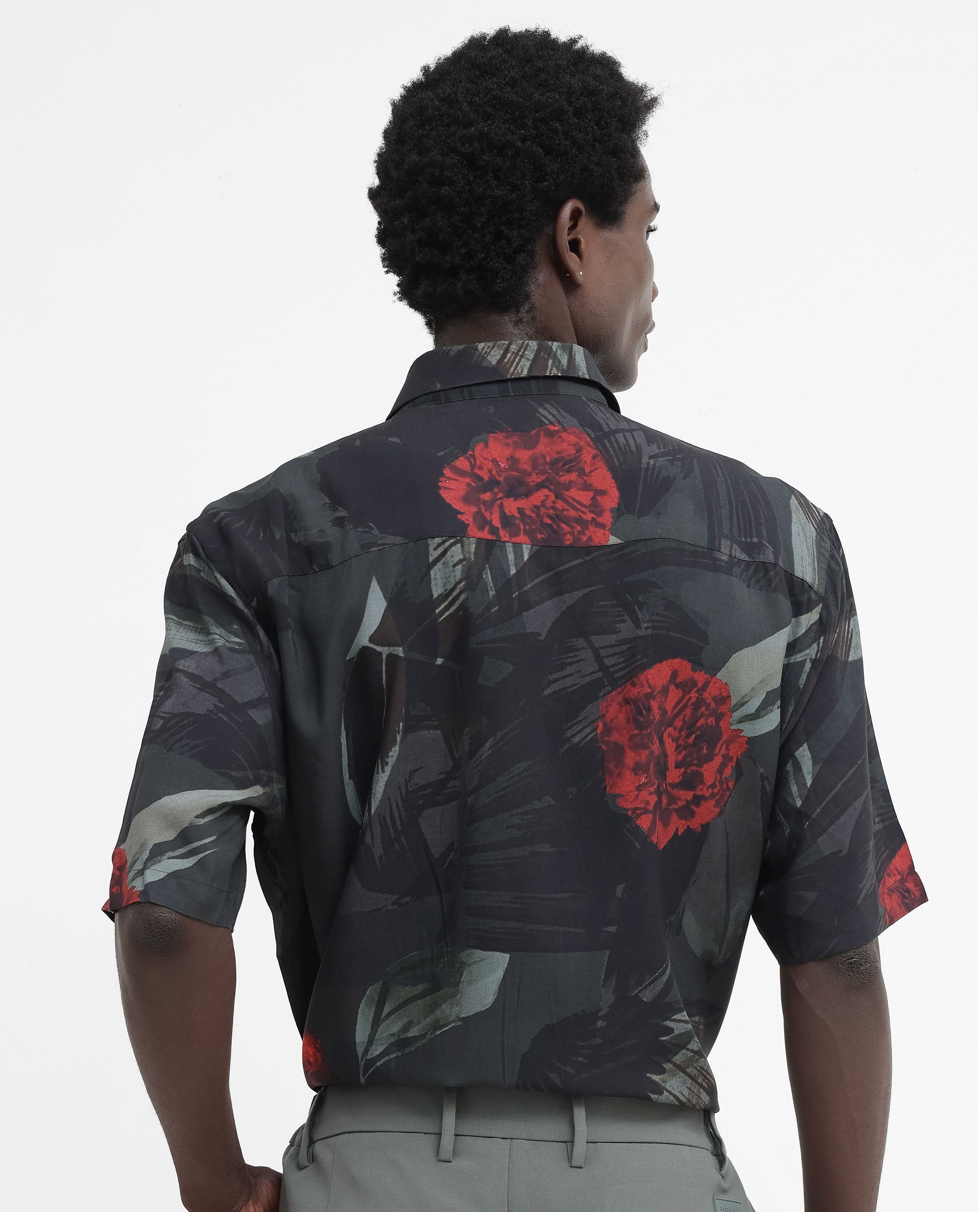 Rare Rabbit Mens Parrot Dark Grey Viscose Fabric Short Sleeve Boxy Fit Animal Print Shirt