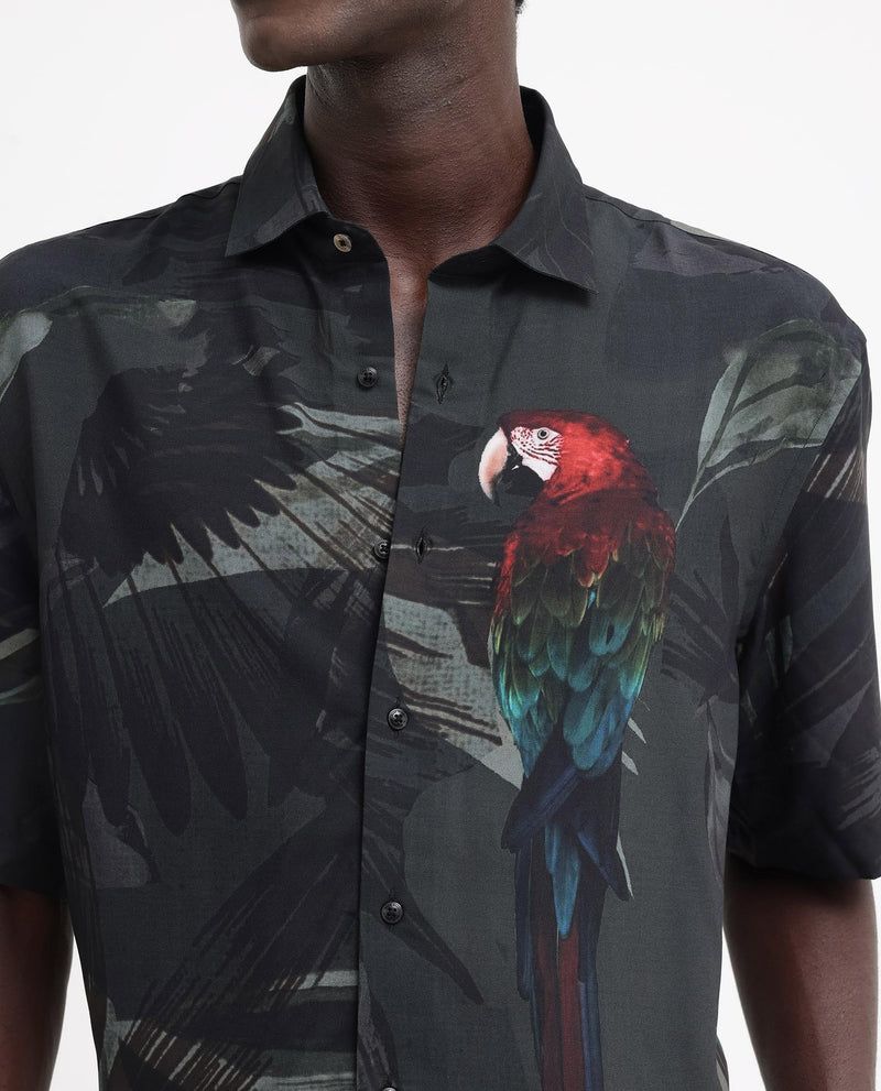 Rare Rabbit Mens Parrot Dark Grey Viscose Fabric Short Sleeve Boxy Fit Animal Print Shirt