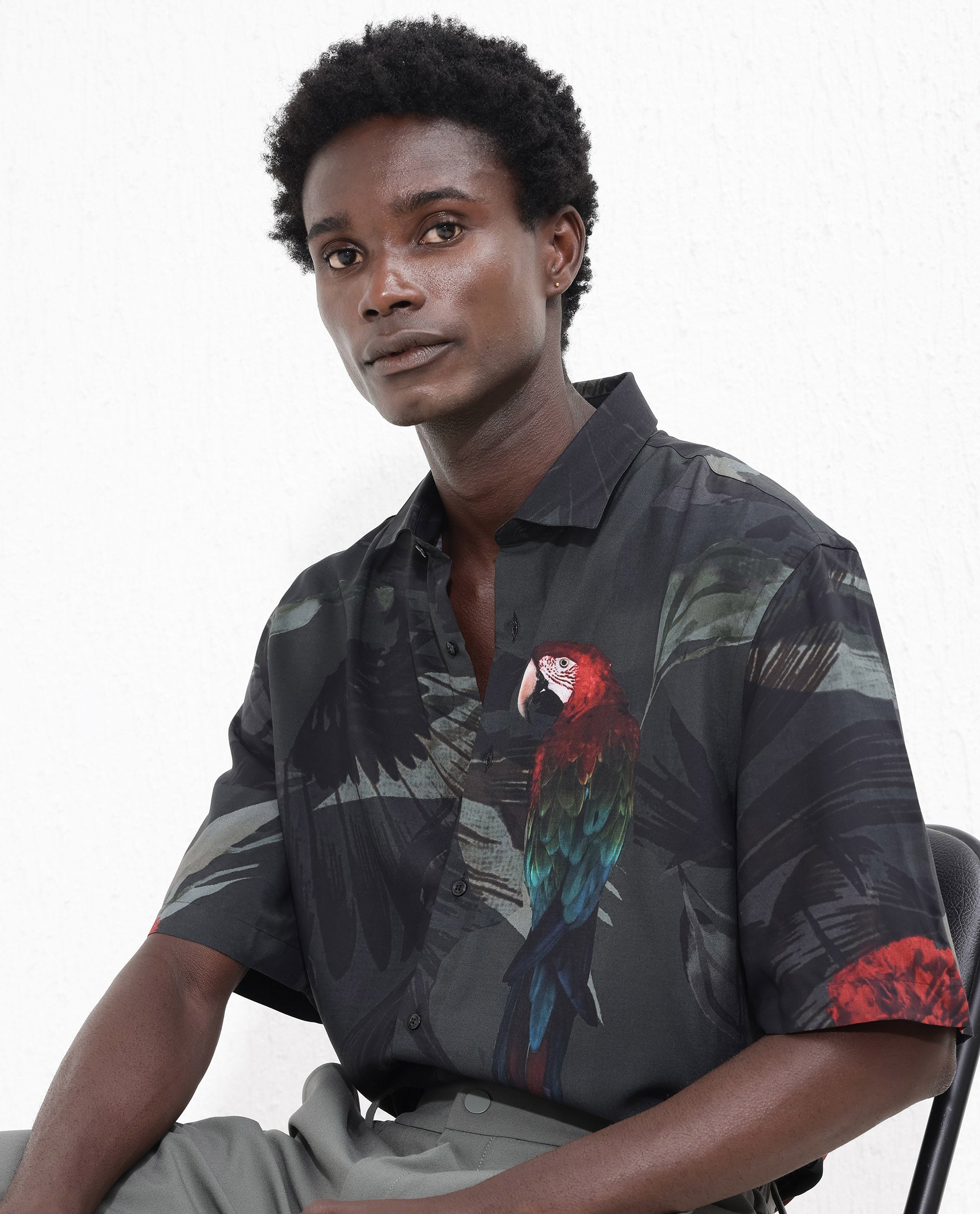 Rare Rabbit Mens Parrot Dark Grey Viscose Fabric Short Sleeve Boxy Fit Animal Print Shirt