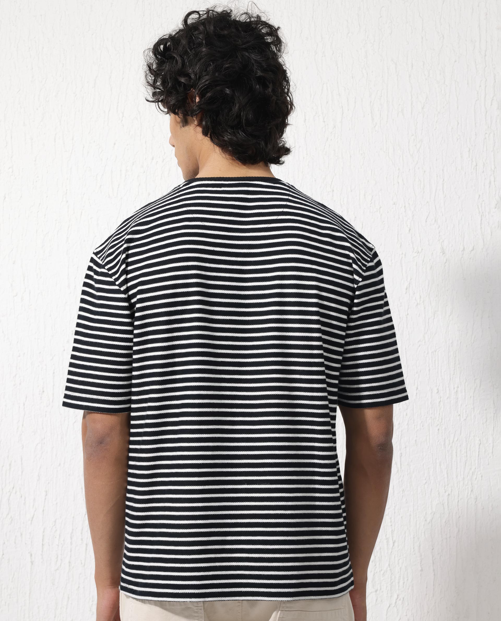 Rare Rabbit Mens Paskot Navy Short Sleeve Stripe Print Oversized T-Shirt