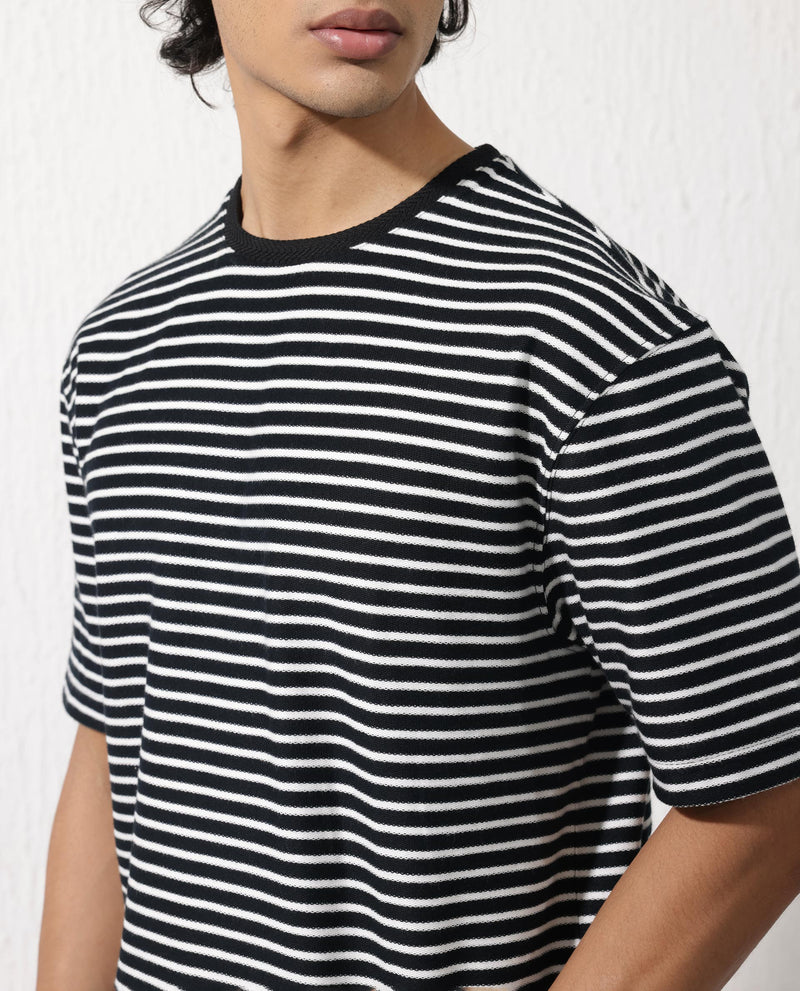Rare Rabbit Mens Paskot Navy Short Sleeve Stripe Print Oversized T-Shirt