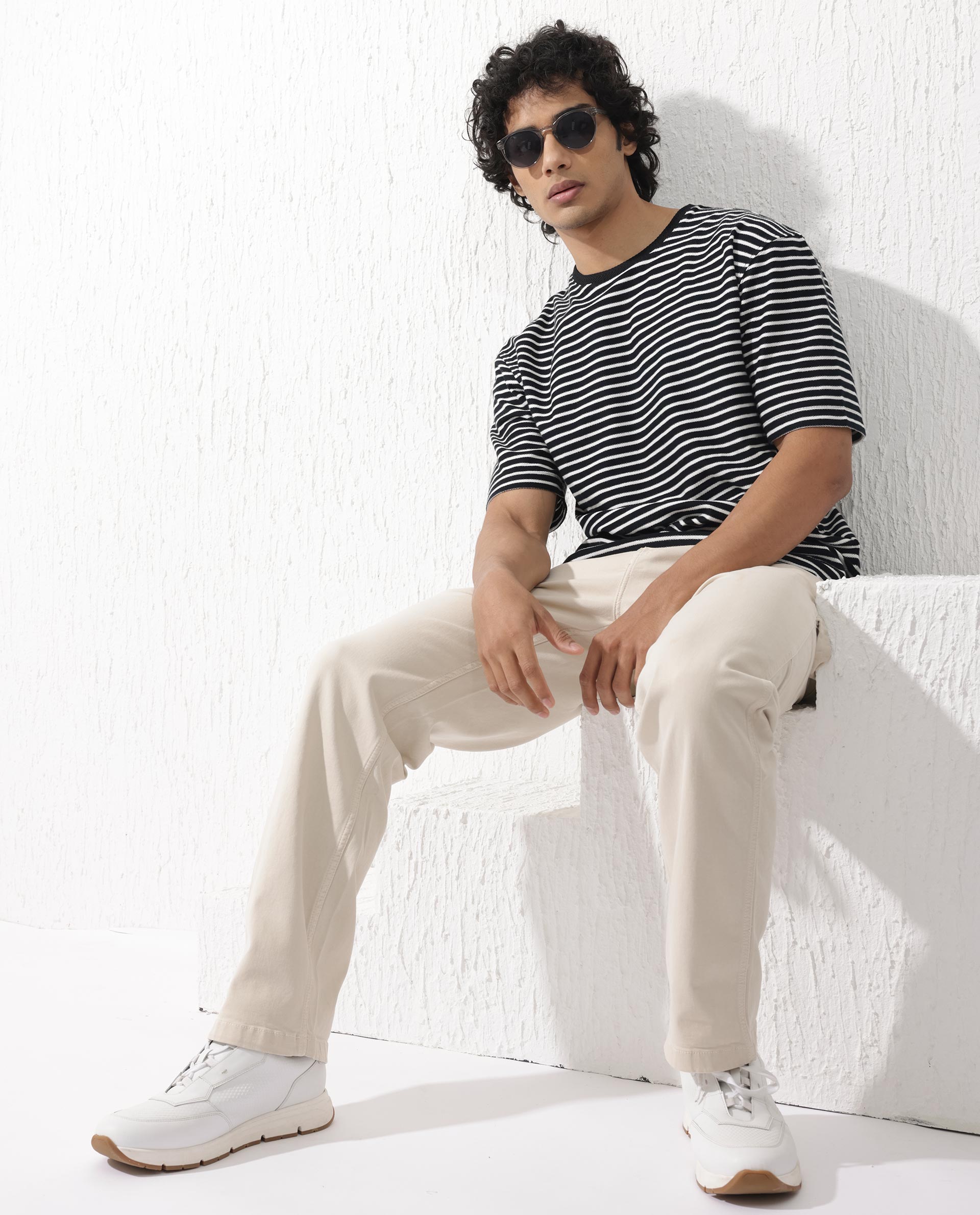 Rare Rabbit Mens Paskot Navy Short Sleeve Stripe Print Oversized T-Shirt