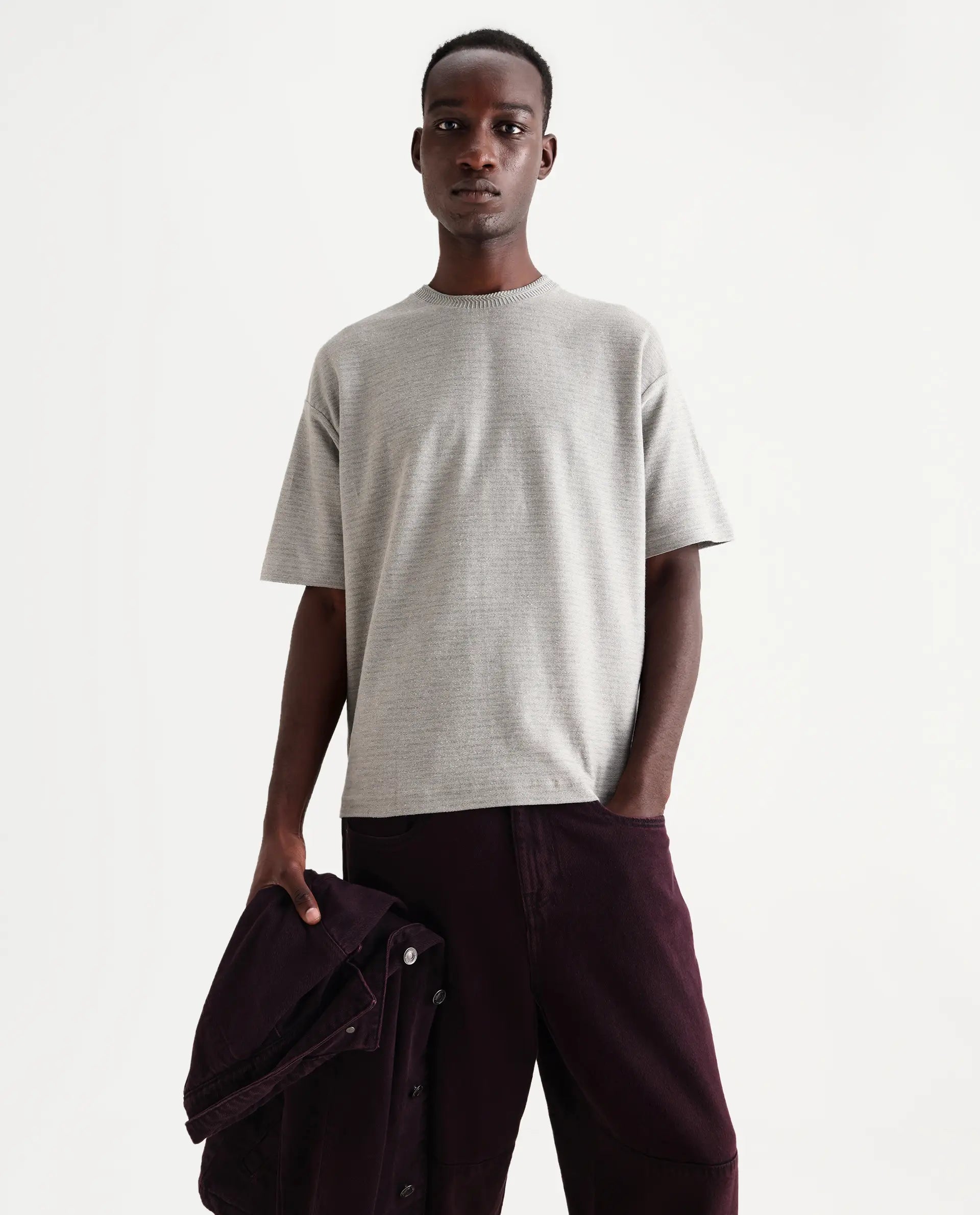 Rare Rabbit Men's Pasco Melange Grey Cotton Striped Print Oversized Fit Half Sleeve Crew Neck T-Shirt