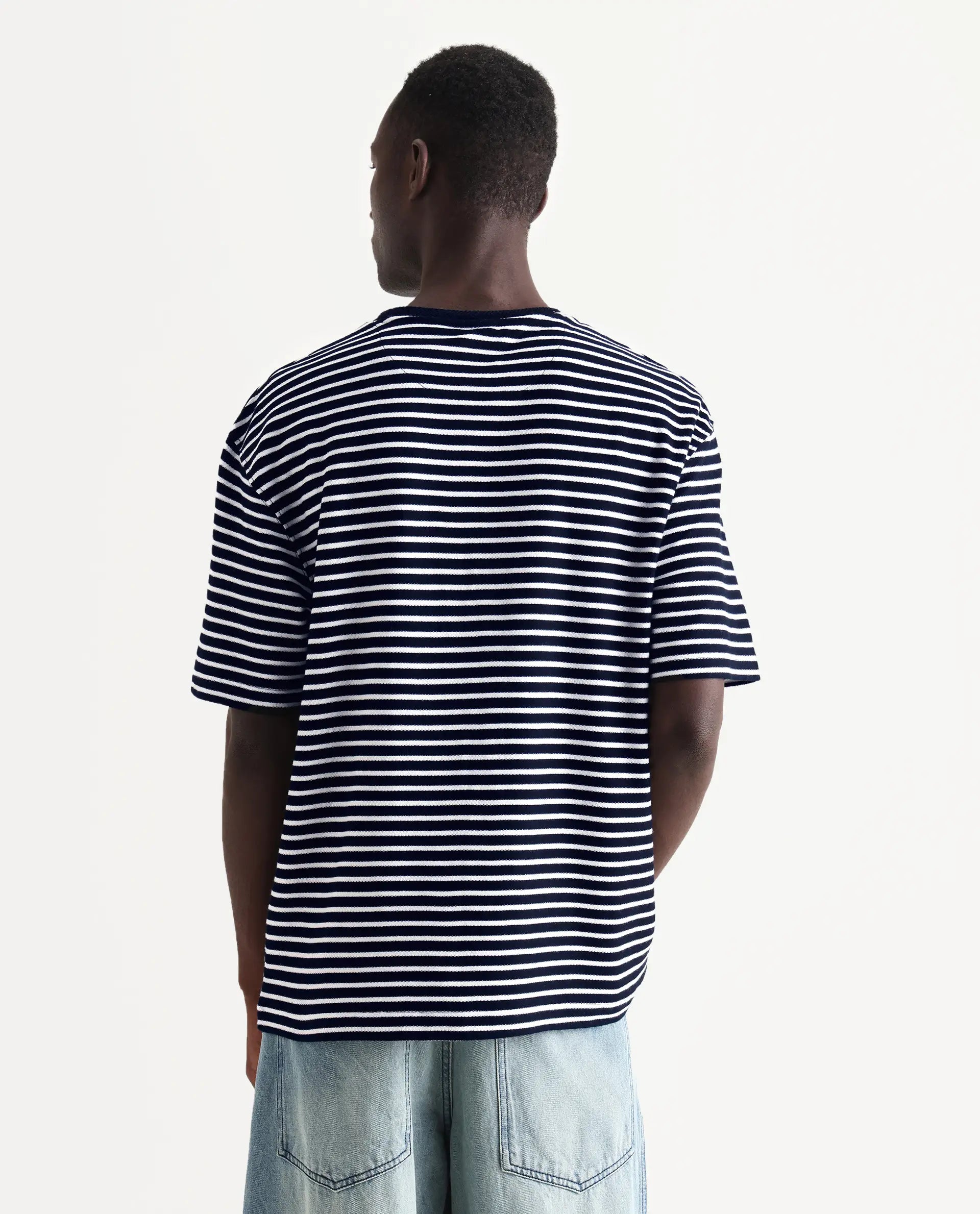 Rare Rabbit Articale Men's Paskot-1 Navy Cotton Fabric Short Sleeve Crew Neck Oversized Fit Narrow Stripes T-Shirt