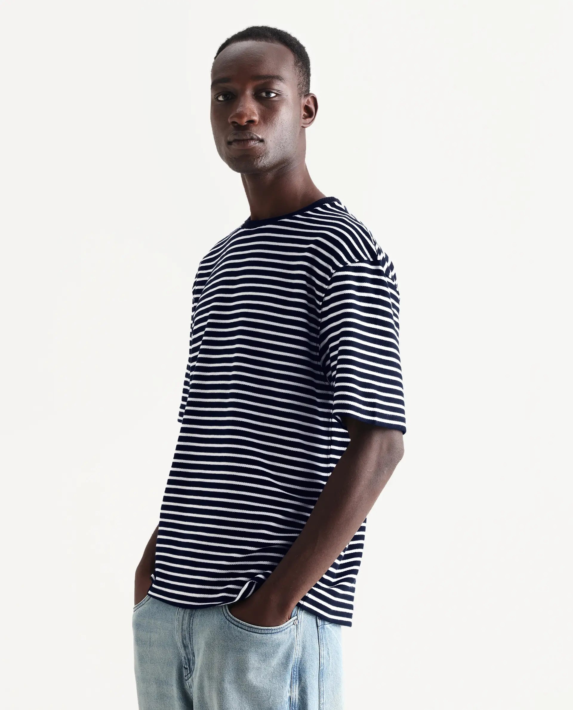 Rare Rabbit Articale Men's Paskot-1 Navy Cotton Fabric Short Sleeve Crew Neck Oversized Fit Narrow Stripes T-Shirt