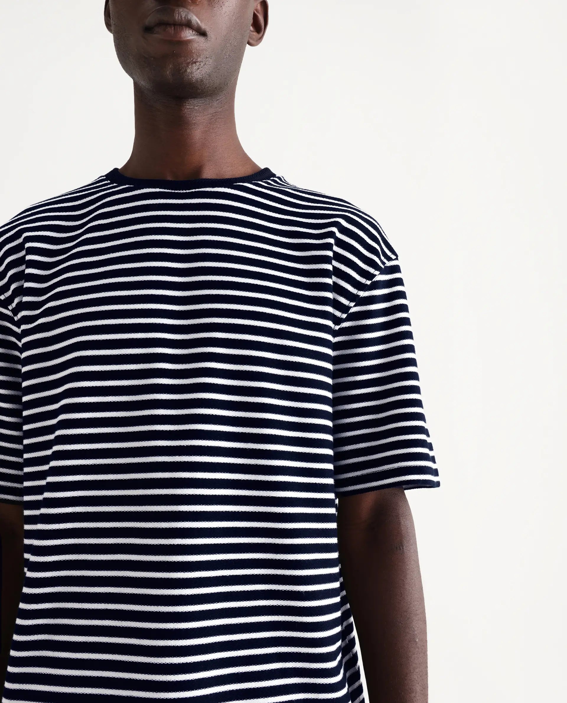 Rare Rabbit Articale Men's Paskot-1 Navy Cotton Fabric Short Sleeve Crew Neck Oversized Fit Narrow Stripes T-Shirt