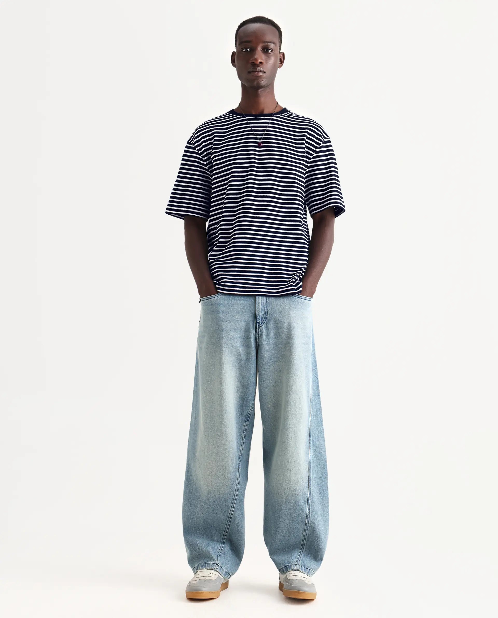 Rare Rabbit Articale Men's Paskot-1 Navy Cotton Fabric Short Sleeve Crew Neck Oversized Fit Narrow Stripes T-Shirt