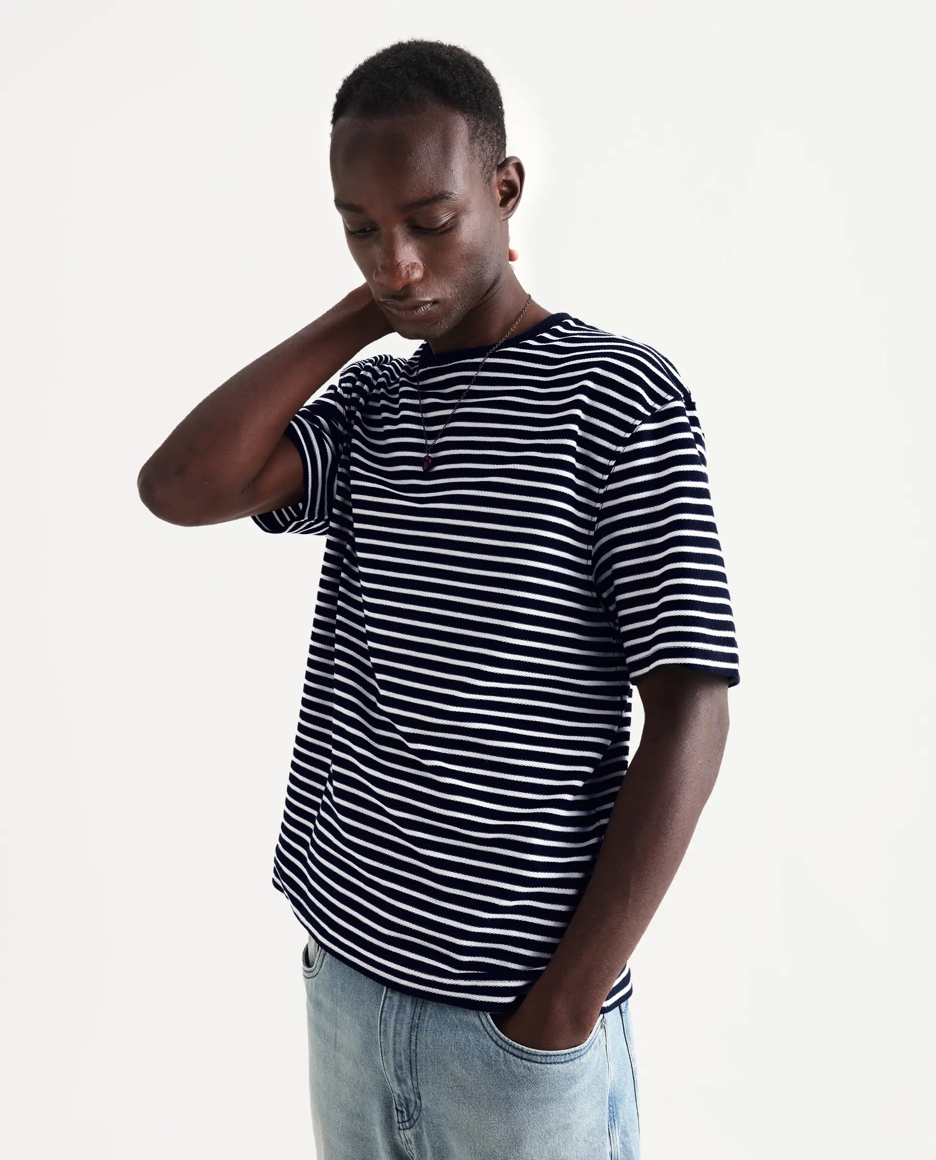 Rare Rabbit Articale Men's Paskot-1 Navy Cotton Fabric Short Sleeve Crew Neck Oversized Fit Narrow Stripes T-Shirt